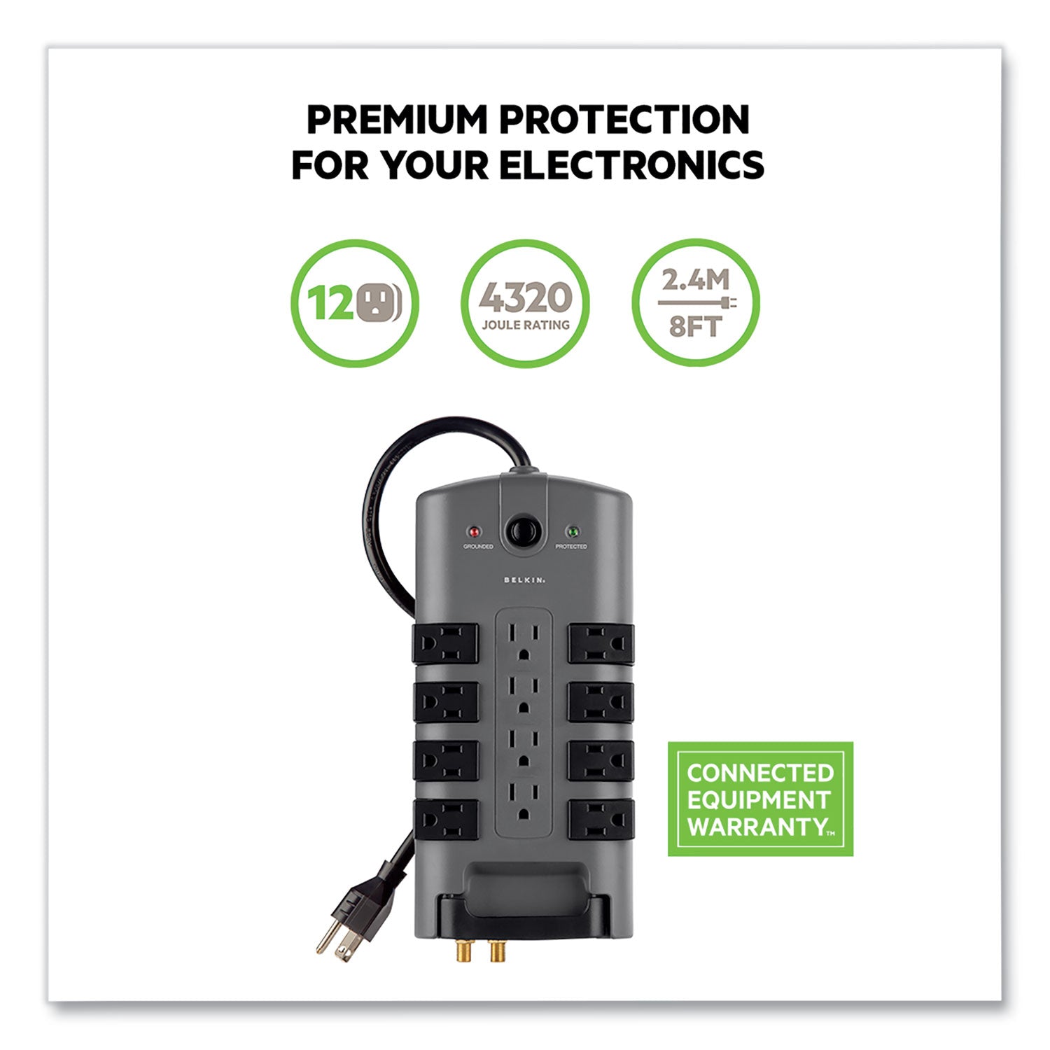Pivot Plug Surge Protector, 12 AC Outlets, 8 ft Cord, 4,320 J, Gray