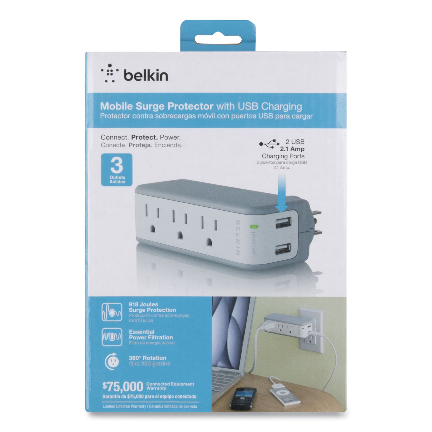 SurgePlus USB Swivel Charger, 3 AC Outlets/2 USB Ports, 918 J, White