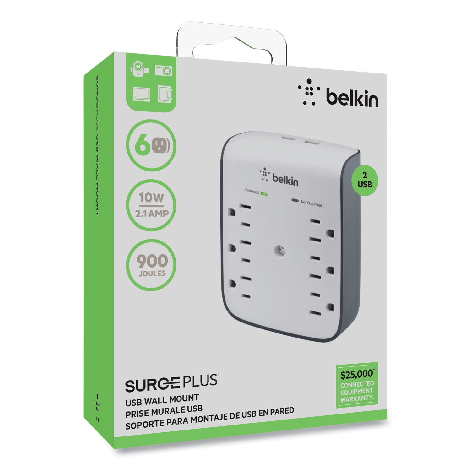 SurgePlus USB Wall Mount Charger, 6 AC Outlets/2 USB Ports, 900 J, White/Black