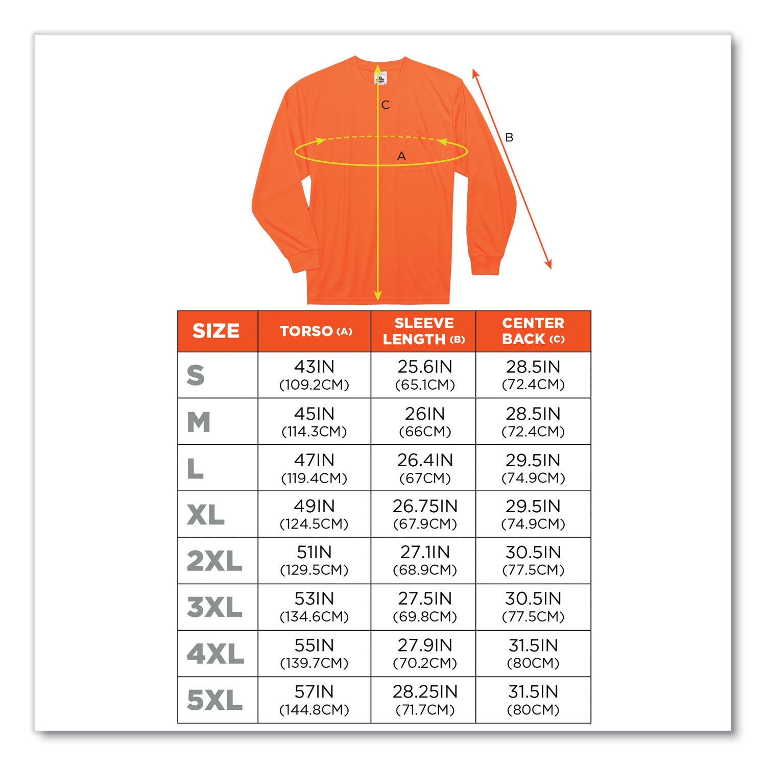 Ergodyne 8091 Non-Certified Long Sleeve T-Shirt, 4XL, Polyester, Orange, 1 Each