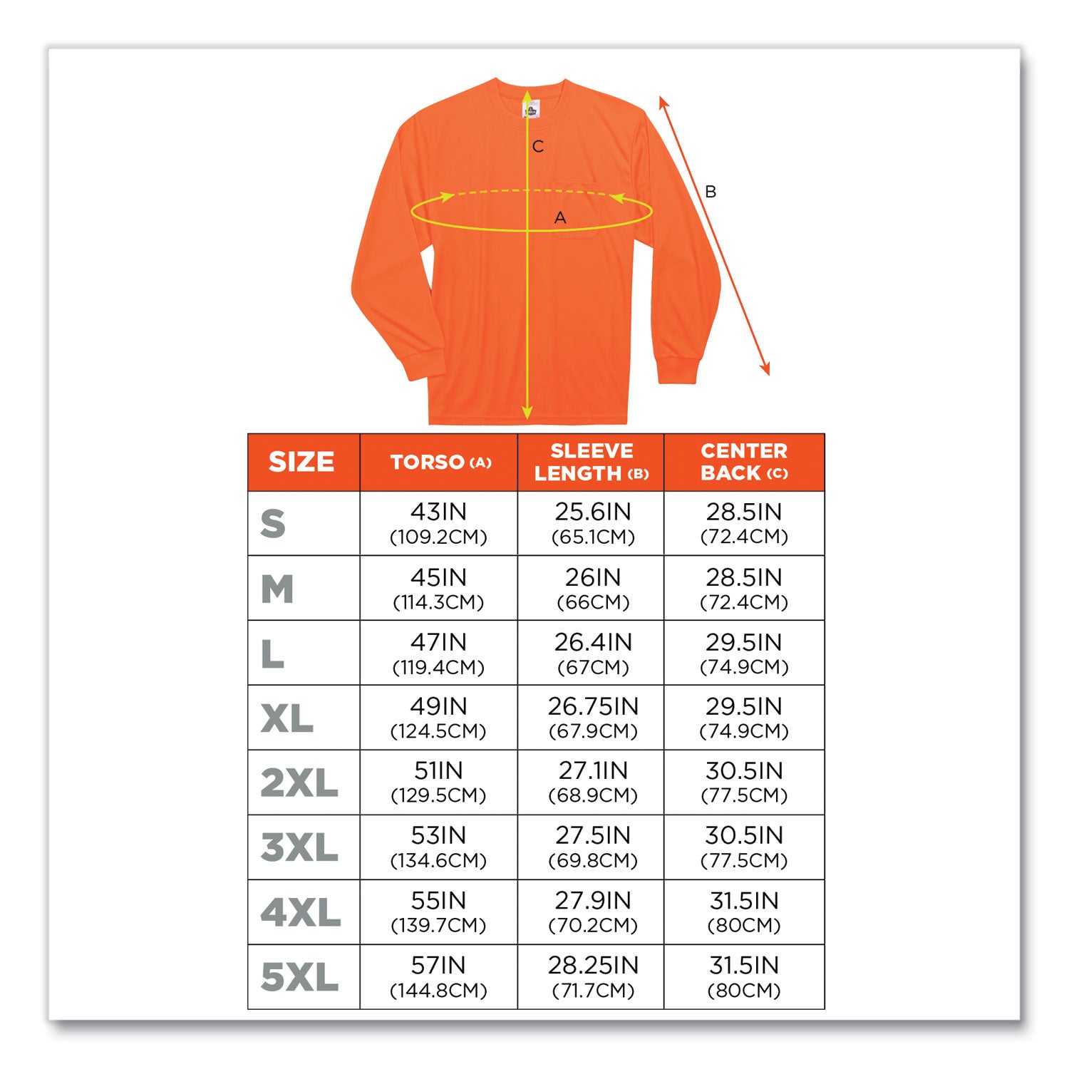 Ergodyne 8091 Non-Certified Long Sleeve T-Shirt, Large, Polyester, Orange, 1 Each
