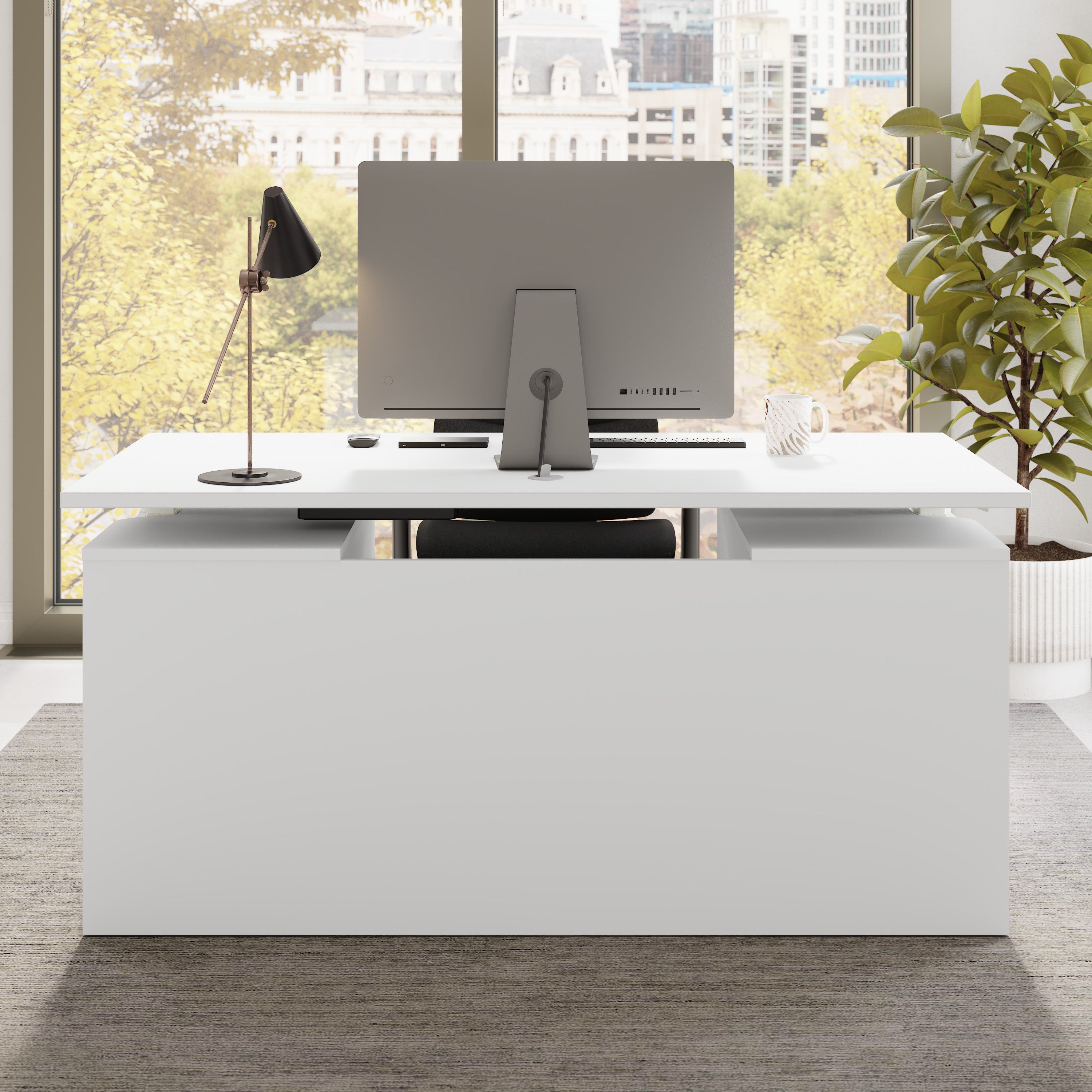 Bush Business Furniture Stratus&nbsp;60W x&nbsp;30D Electric Height Adjustable Standing Desk with Modesty Panel in White with White Base - 59.45" Width x 29.37" Depth x 27.44" Height