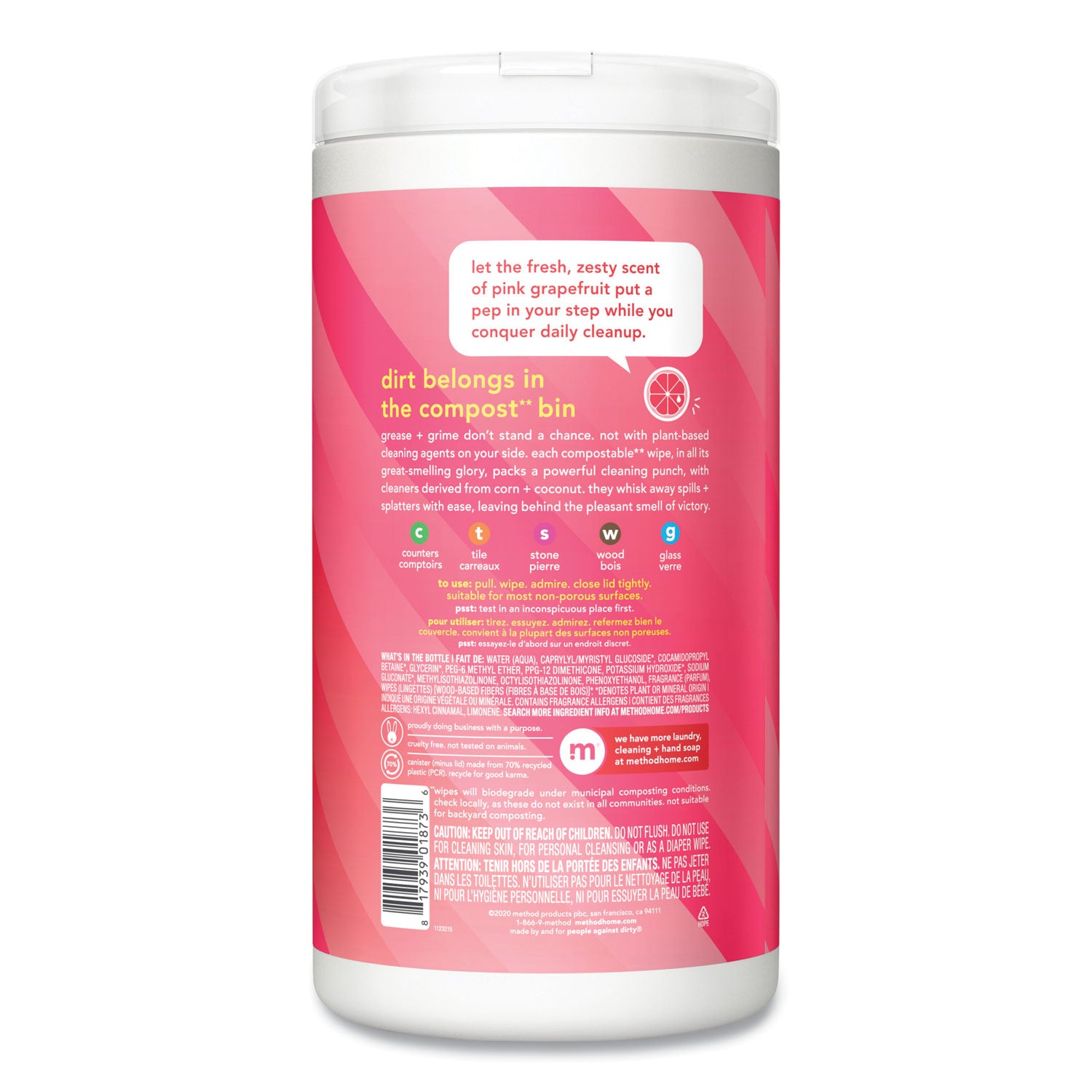 Method All-purpose Cleaning Wipes - Pink Grapefruit Scent - Pleasant Scent - Pink - 70/Tub - 6 / Carton