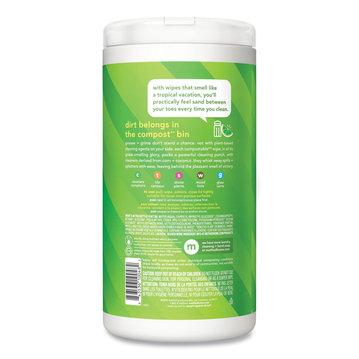 All Purpose Cleaning Wipes, 1 Ply, Lime and Sea Salt, White, 70/Canister, 6/Carton