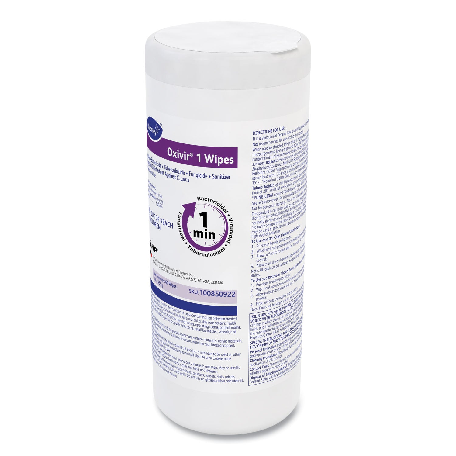 Diversey Oxivir 1 Wipes, 8" x 7", Cherry Almond Scent, White, 60 Wipes per Tub, 12 Tubs per Carton