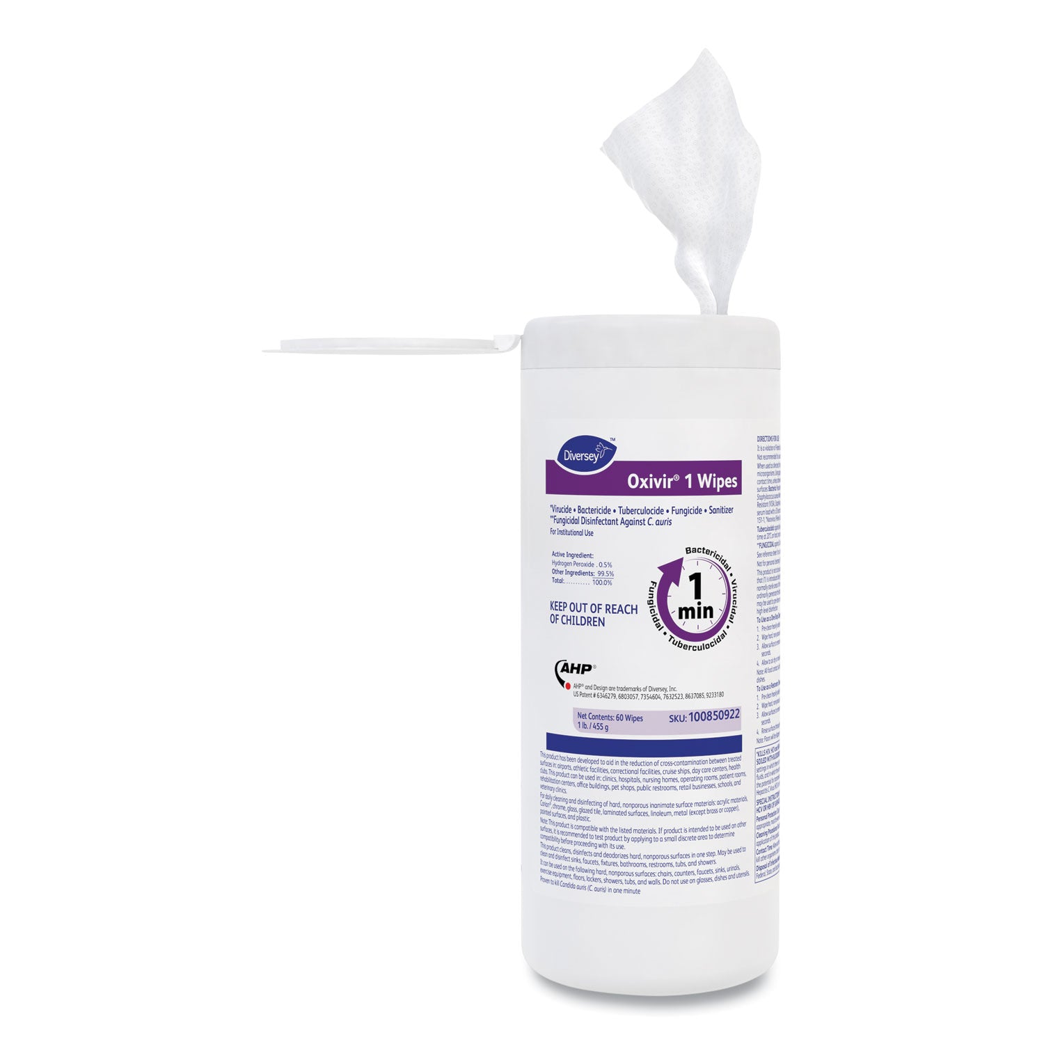 Diversey Oxivir 1 Wipes, 8" x 7", Cherry Almond Scent, White, 60 Wipes per Tub, 12 Tubs per Carton
