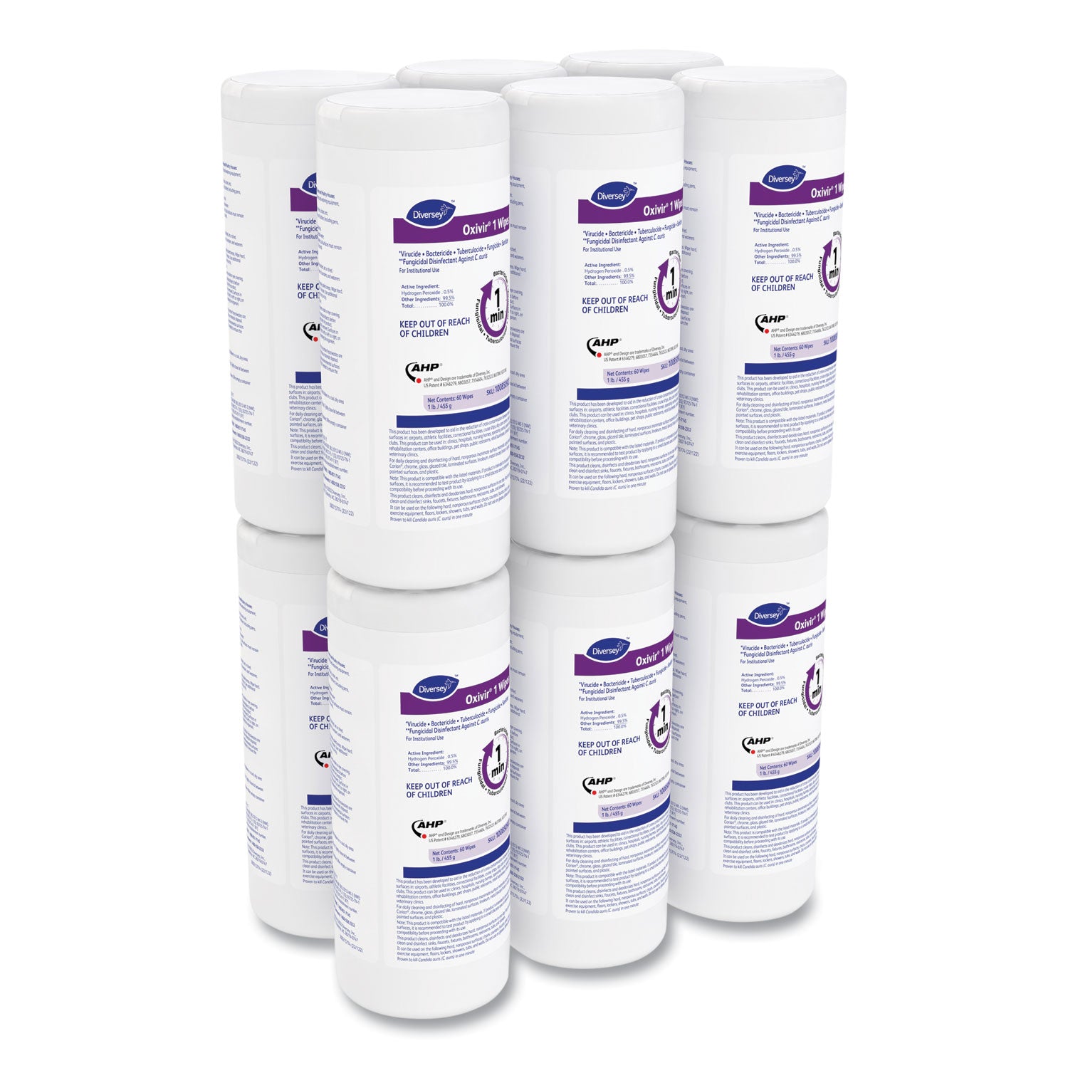 Diversey Oxivir 1 Wipes, 8" x 7", Cherry Almond Scent, White, 60 Wipes per Tub, 12 Tubs per Carton