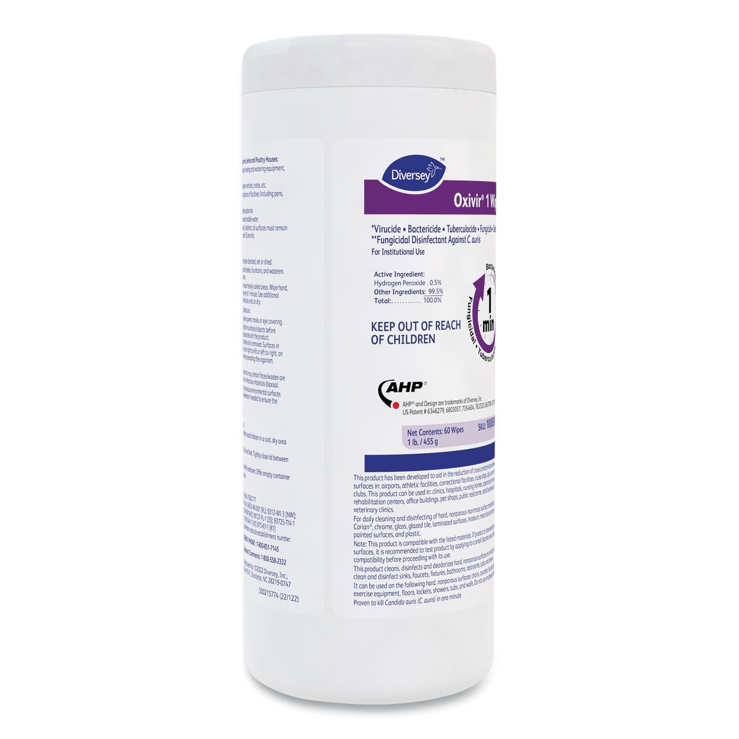Diversey Oxivir 1 Wipes, 8" x 7", Cherry Almond Scent, White, 60 Wipes per Tub, 12 Tubs per Carton