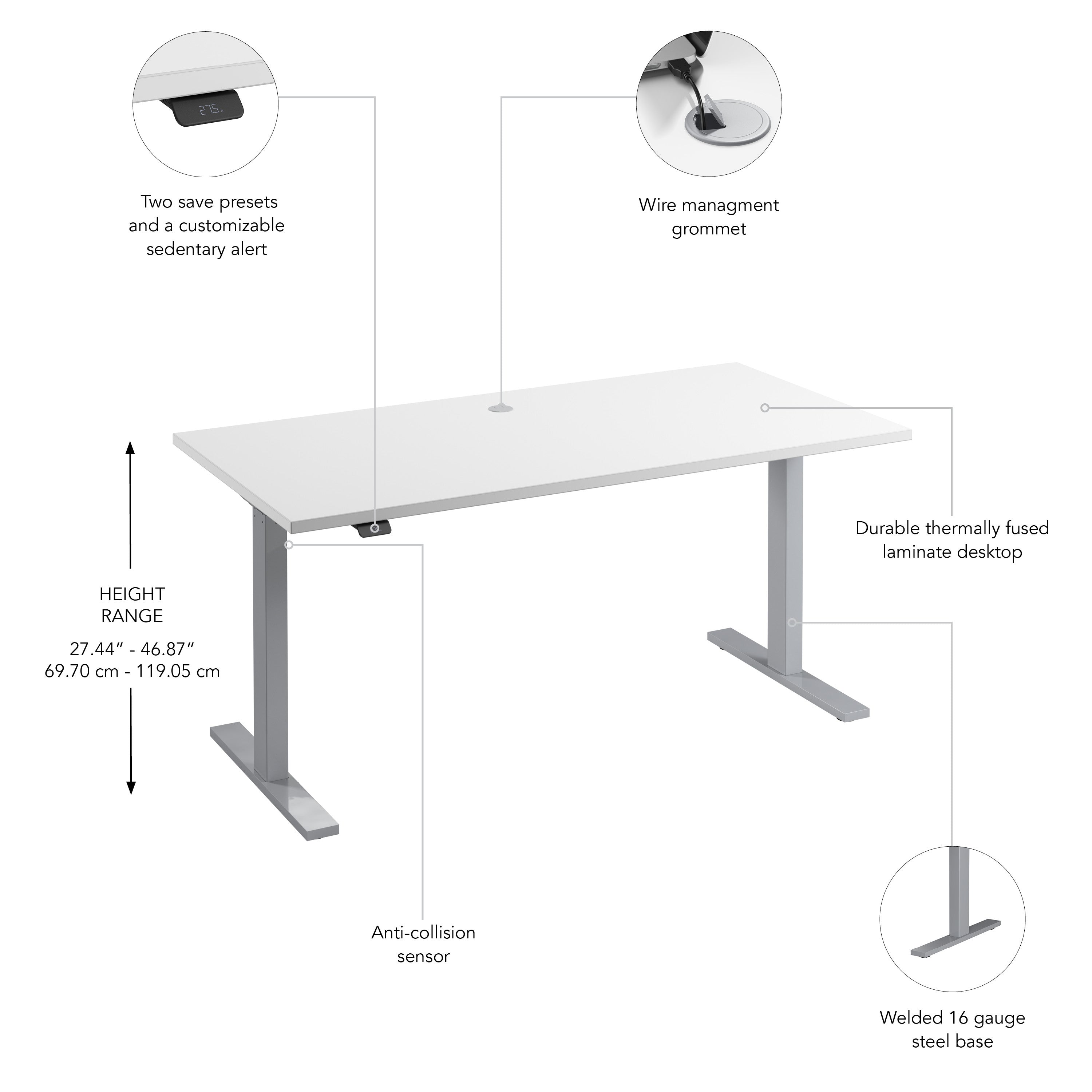 Bush Business Furniture Move 60 Series 60W x 30D Electric Height Adjustable Standing Desk in White with Metallic Gray Base - 59.45" Width x 29.37" Depth x 47.69" Height