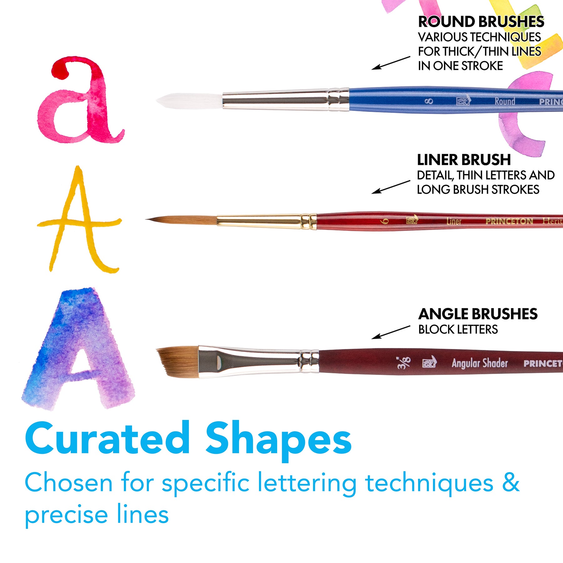 Lettering Brush Set, Synthetic Bristles, Short Handle Mixed Media Paintbrush, Assorted, 5 Pieces