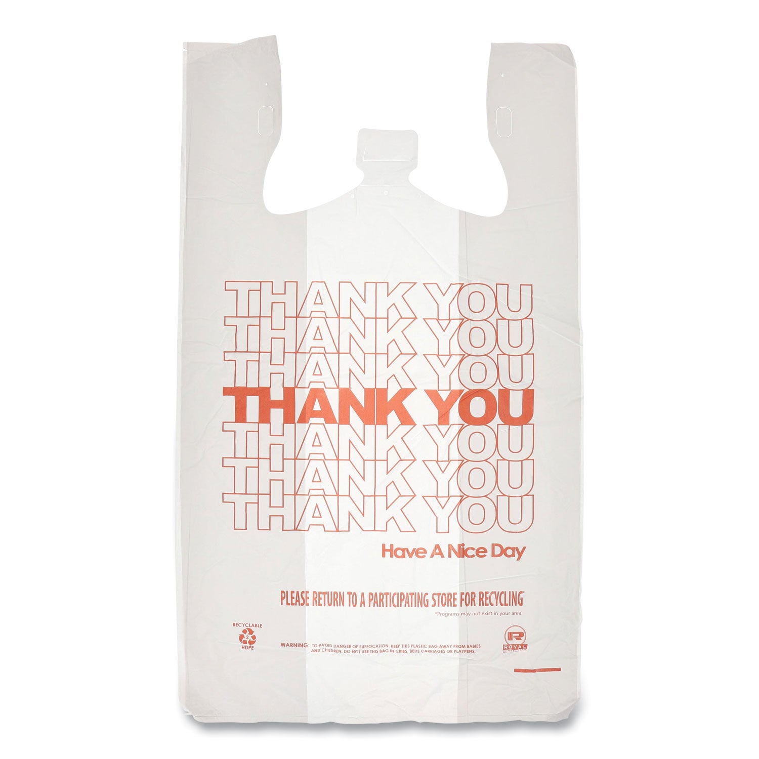 Thank You Bags, Thank You - Have a Nice Day Labeling, Cut-Out Handles, 13" x 8" x 23", White/Red, 1,000/Carton