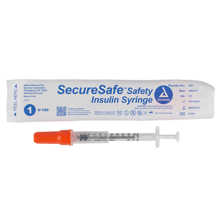 SecureSafe Safety Insulin Syringe - 0.5 ml (New Mechanism), 0.5cc - 100 pcs per Box/5 Boxes per Case