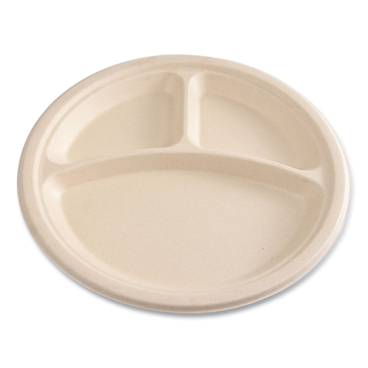 Bagasse PFAS-Free Dinnerware, 3-Compartment Plate, Sugarcane, 10" dia, Tan, 500/Carton
