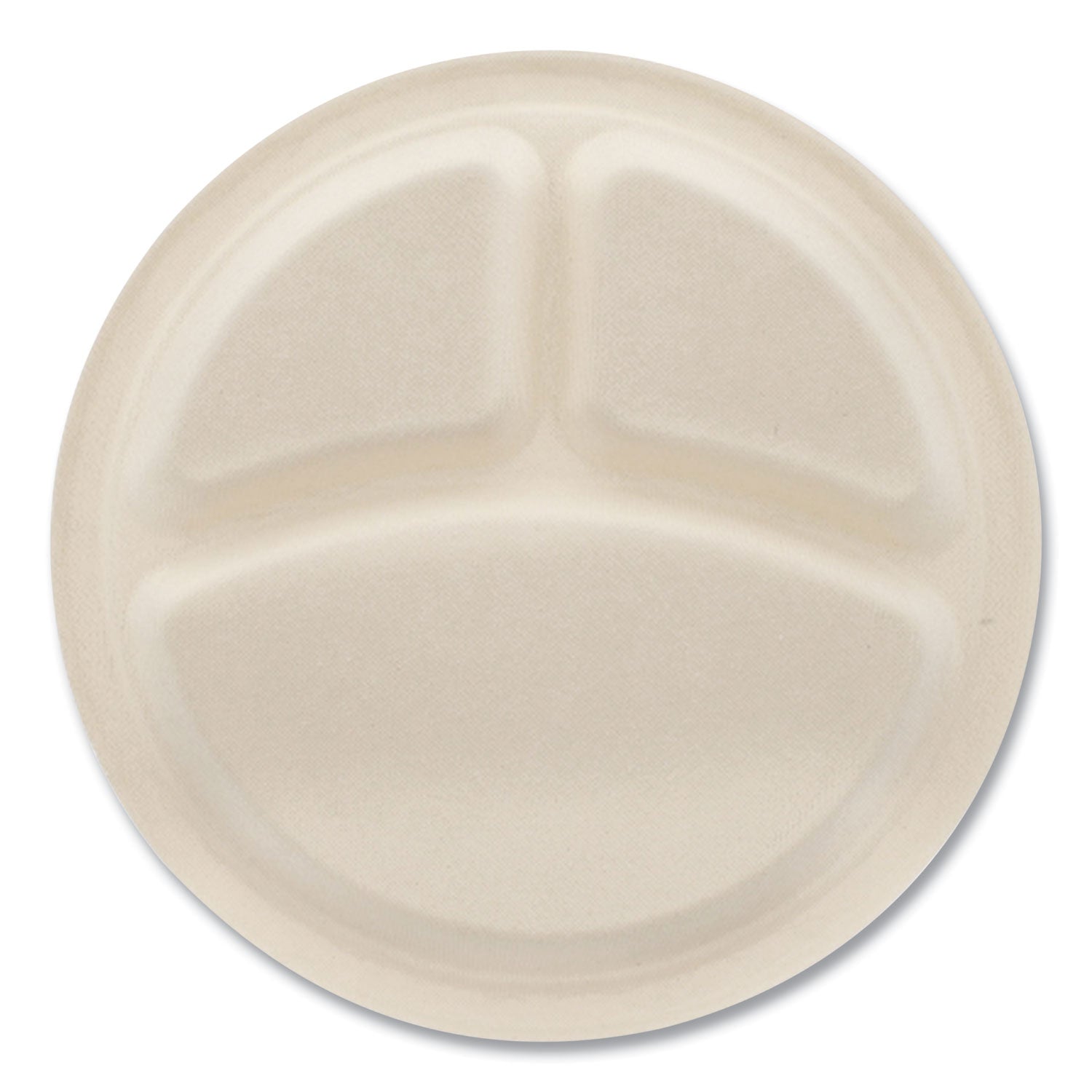 Bagasse PFAS-Free Dinnerware, 3-Compartment Plate, Sugarcane, 10" dia, Tan, 500/Carton
