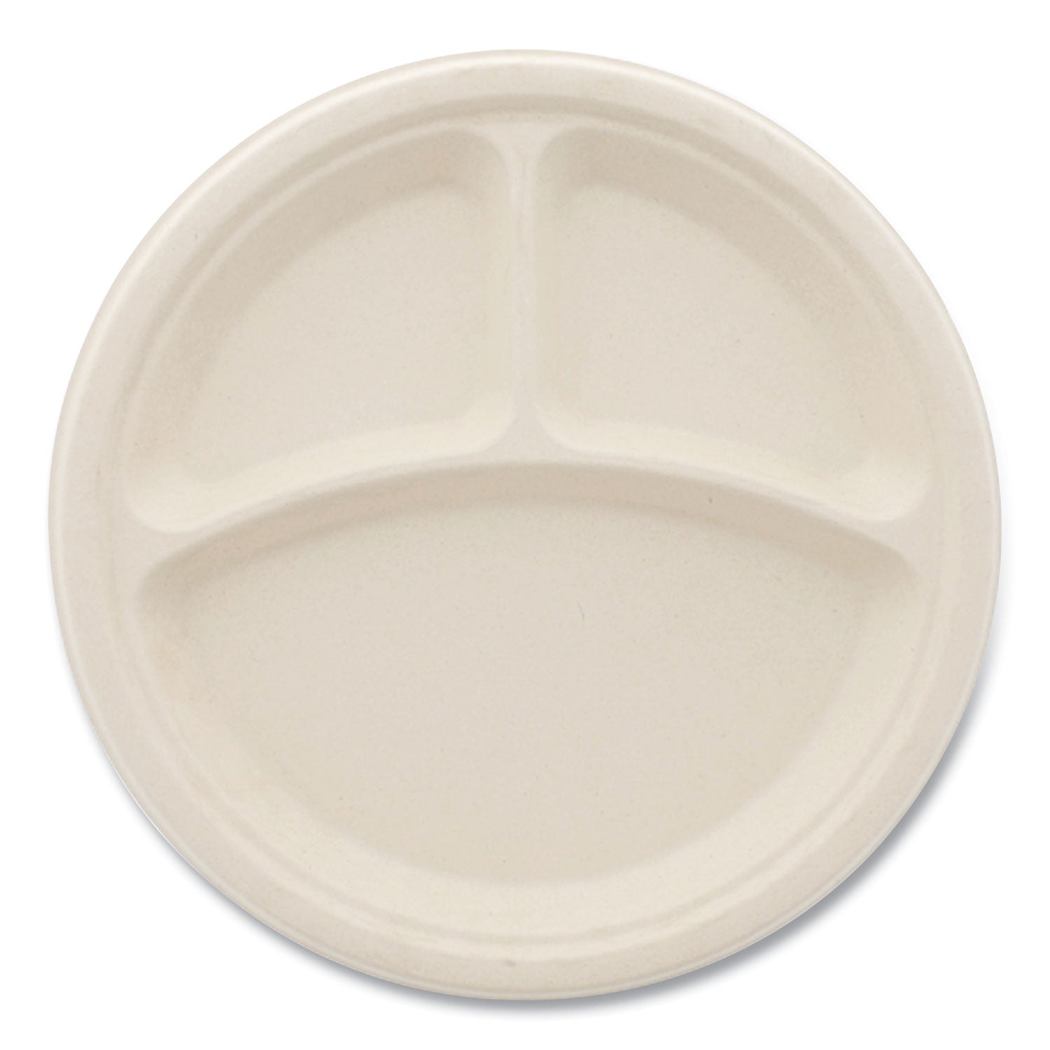 Bagasse PFAS-Free Dinnerware, 3-Compartment Plate, Sugarcane, 10" dia, Tan, 500/Carton
