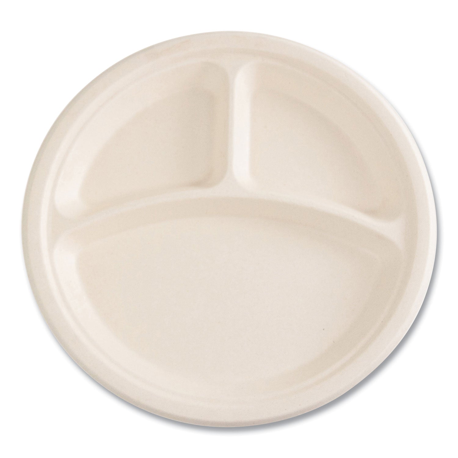 Bagasse PFAS-Free Dinnerware, 3-Compartment Plate, Sugarcane, 10" dia, Tan, 500/Carton