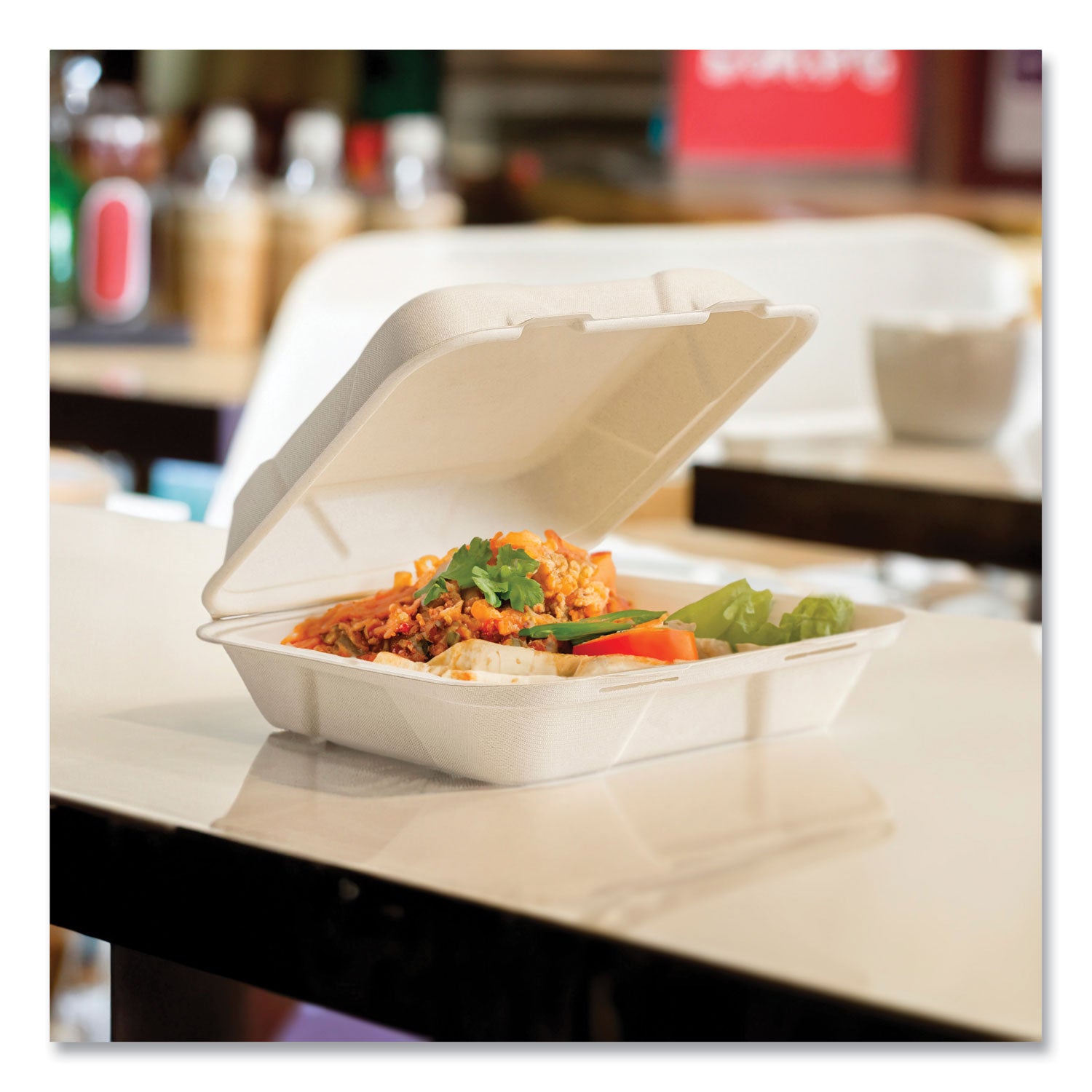 Nourish Molded Fiber Takeout Container, Compostable, 9 x 10 x 2, Natural, Sugarcane, 200/Carton