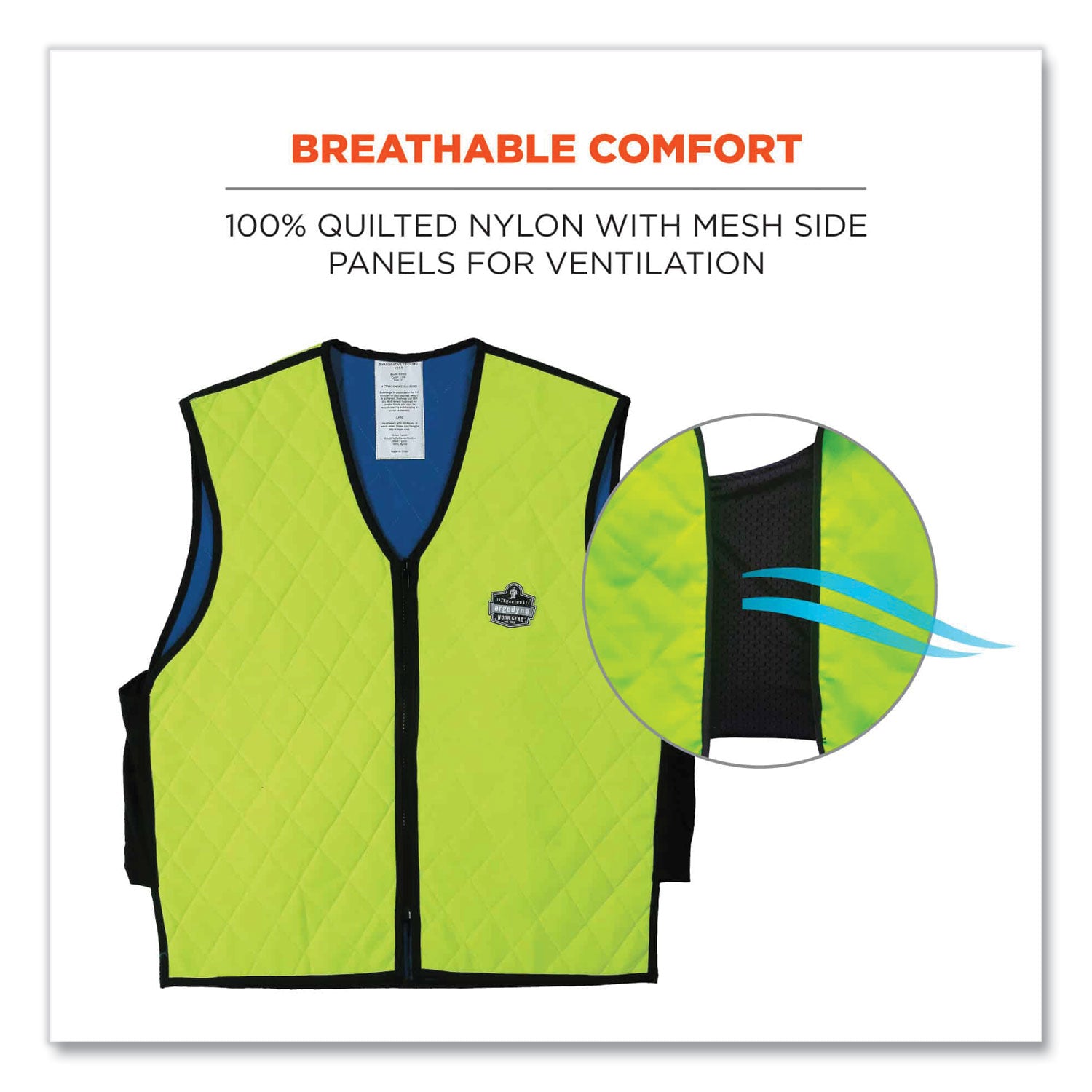 Ergodyne Chill-Its Evaporative Cooling Vest - Large - Polymer, Nylon - Lime - Comfortable, High Visibility, Ventilation, Stretchable, Water Repellent, Lightweight, Durable, Washable, Zipper Closure - 1 Each