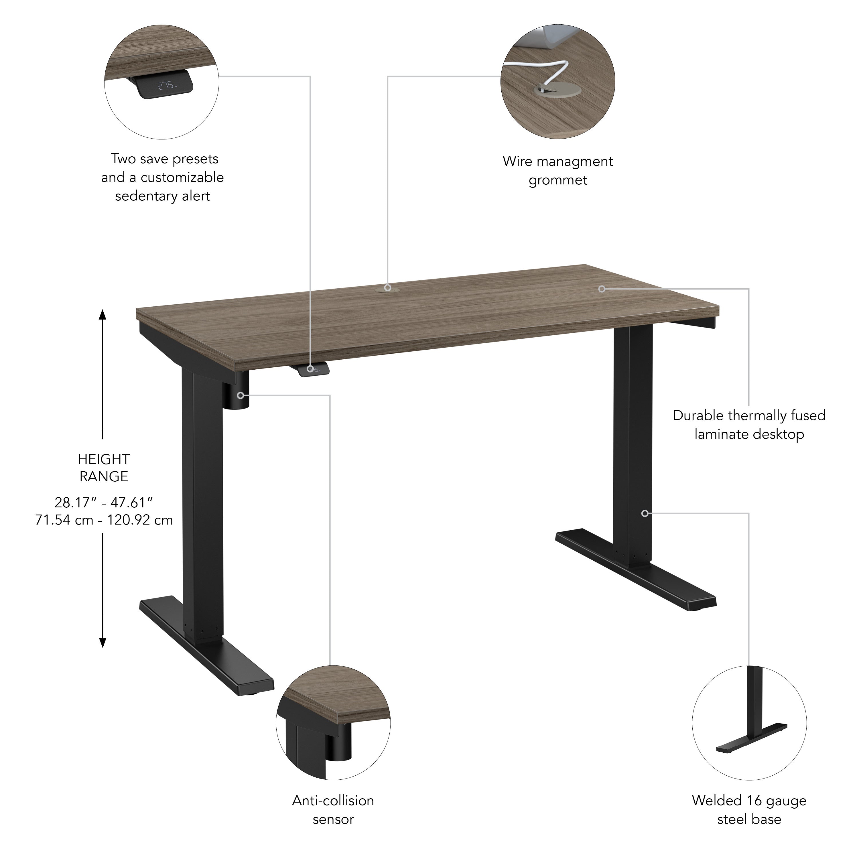 Bush Business Furniture Move 40 Series 48W x 24D Electric Height Adjustable Standing Desk in Modern Hickory with Black Base - 47.6" Width x 23.35" Depth x 28.17" Height