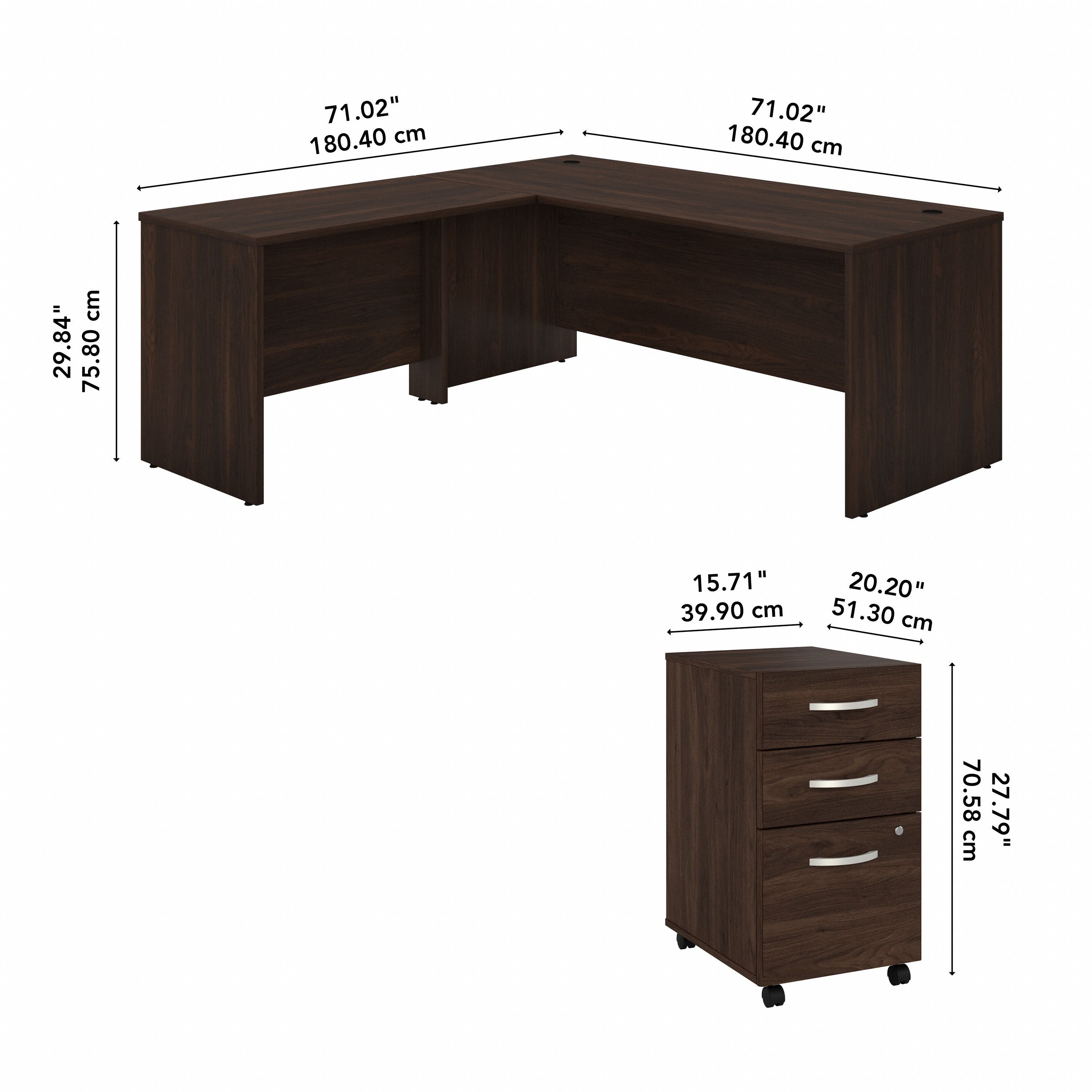 Bush Business Furniture Studio C 72W x 30D L Shaped Desk with Mobile File Cabinet and 42W Return in Black Walnut - 71.02" Width x 71.02" Depth x 29.84" Height