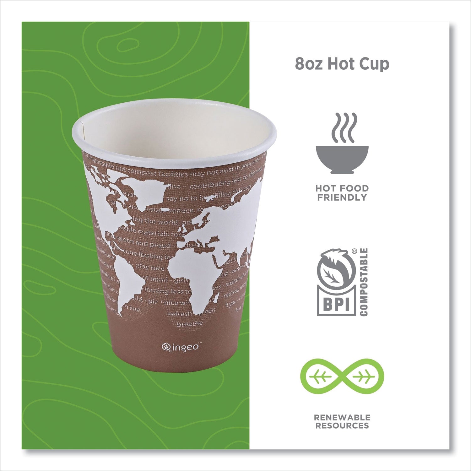World Art Renewable and Compostable Hot Cups, 8 oz, Paper, Brown/White, 50/Pack
