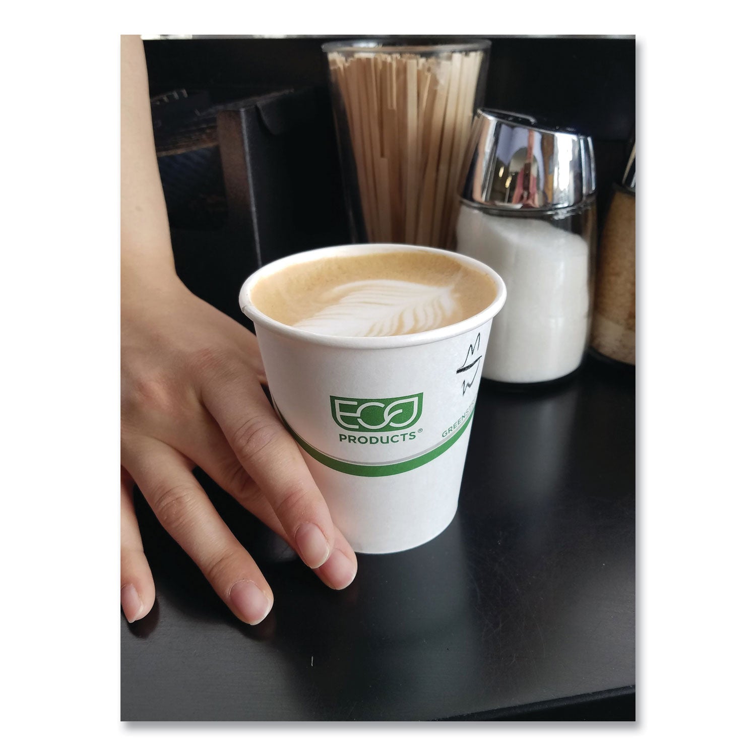 GreenStripe Renewable and Compostable Hot Cups, 12 oz, Paper, White/Green, 50/Pack, 20 Packs/Carton