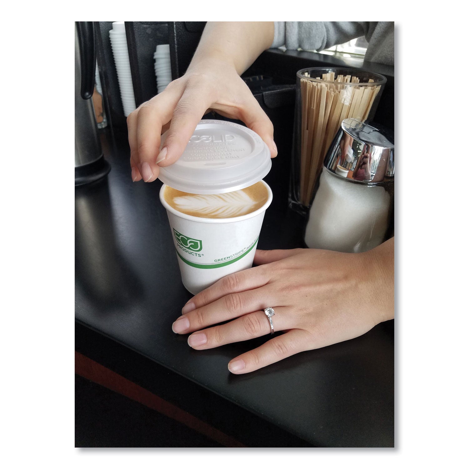 GreenStripe Renewable and Compostable Hot Cups, 12 oz, Paper, White/Green, 50/Pack, 20 Packs/Carton
