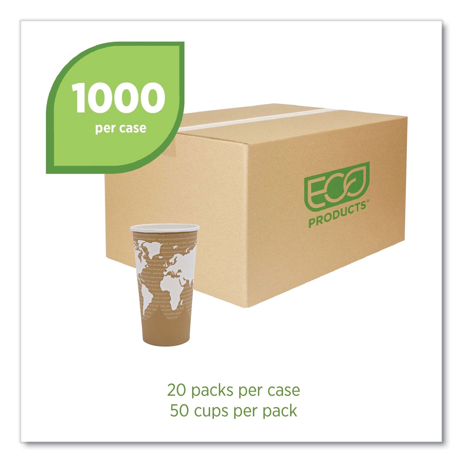 World Art Renewable and Compostable Hot Cups, 20 oz, Paper, Brown/White, 50/Pack, 20 Packs/Carton
