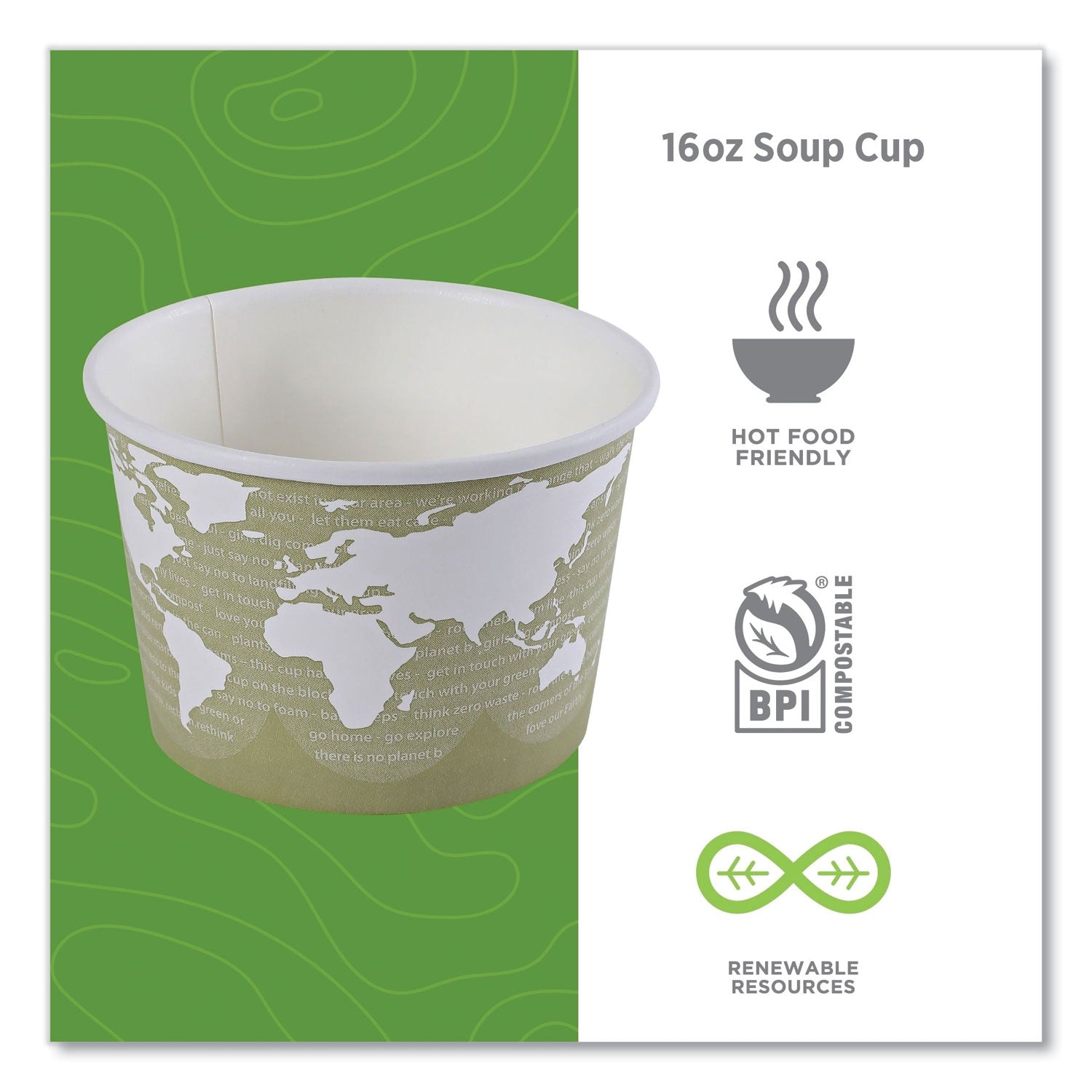 World Art Renewable and Compostable Food Container, 16 oz, 4.05" Diameter x 3" h, Seafoam, Paper, 25/Pack, 20 Packs/Carton