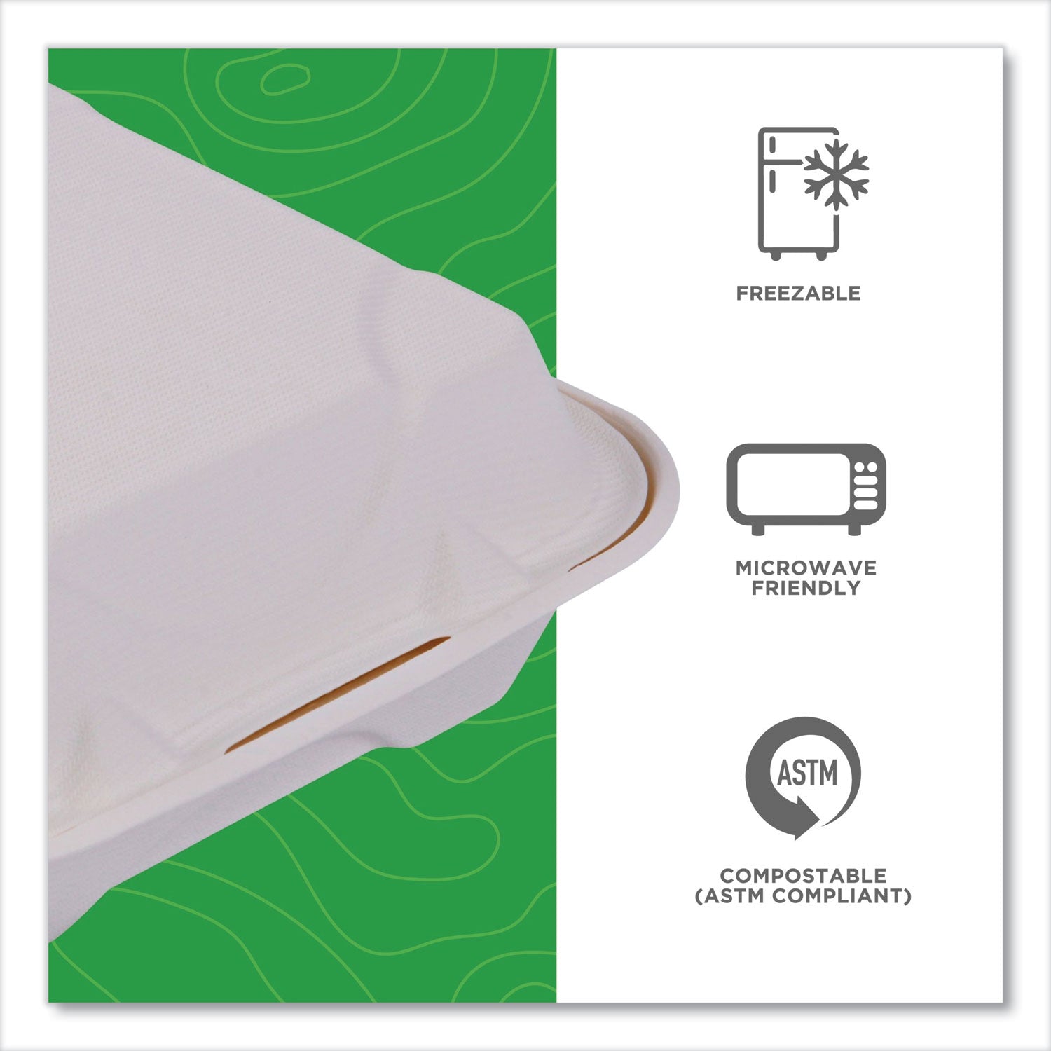 Vanguard Renewable and Compostable Sugarcane Clamshells, 8 x 8 x 3, White, 200/Carton