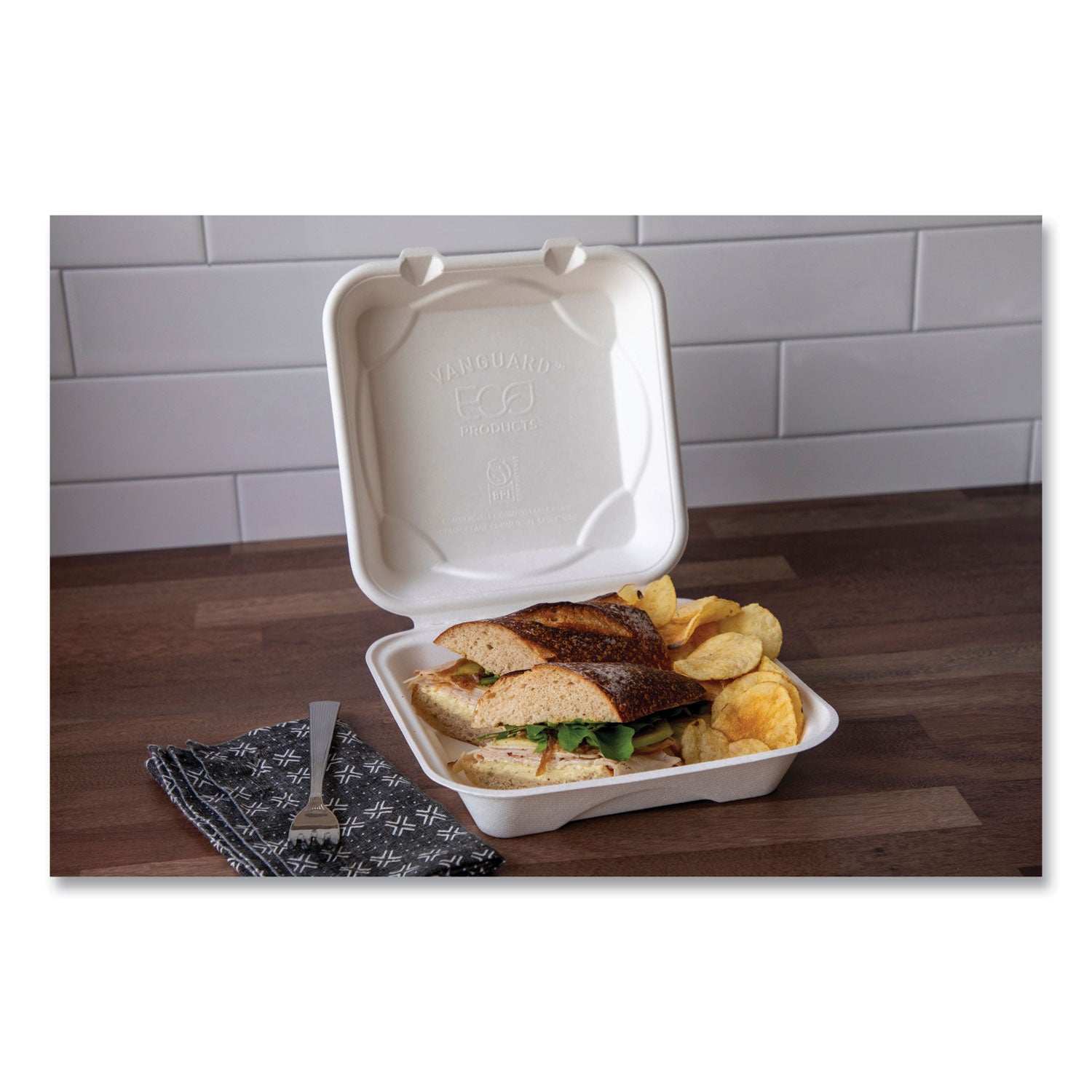 Vanguard Renewable and Compostable Sugarcane Clamshells, 8 x 8 x 3, White, 200/Carton