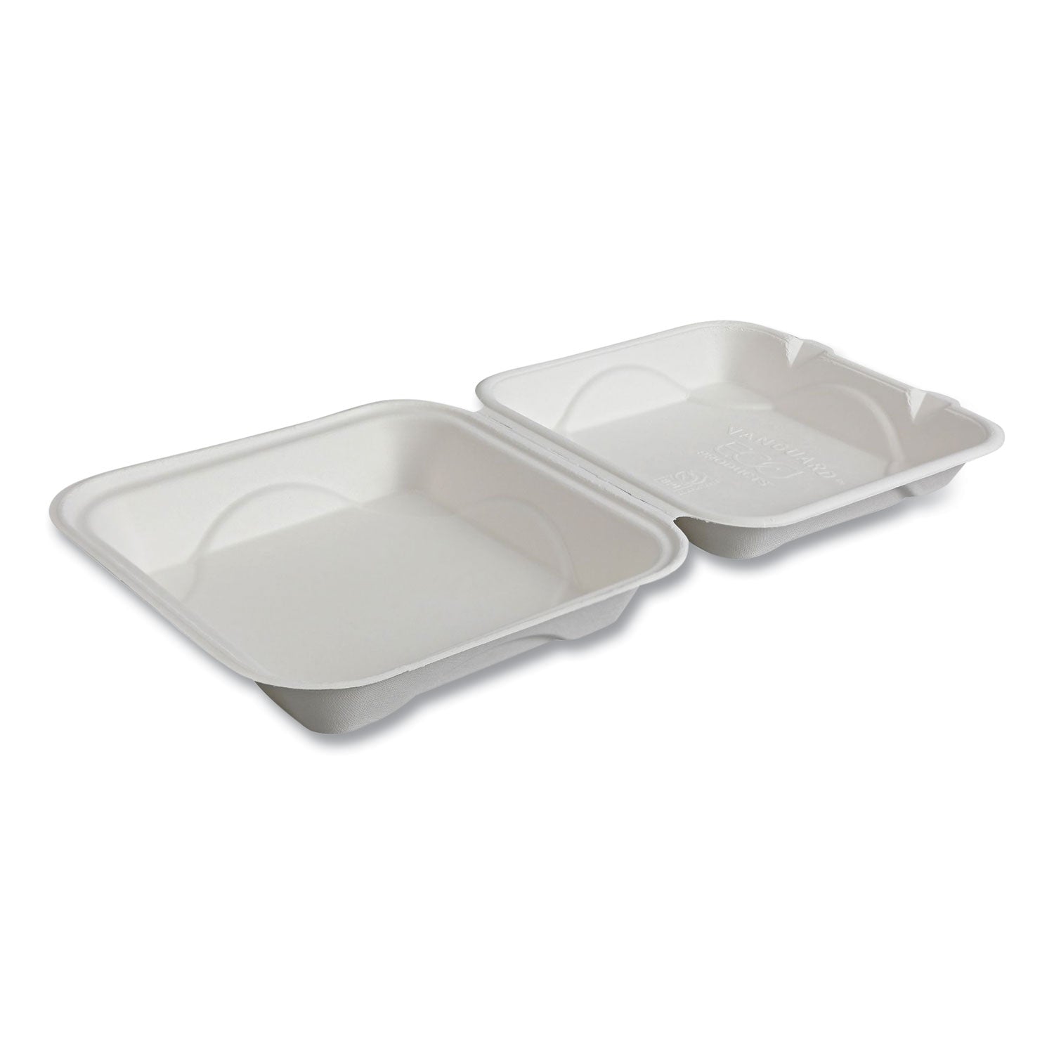 Vanguard Renewable and Compostable Sugarcane Clamshells, 9 x 9 x 3, White, 200/Carton
