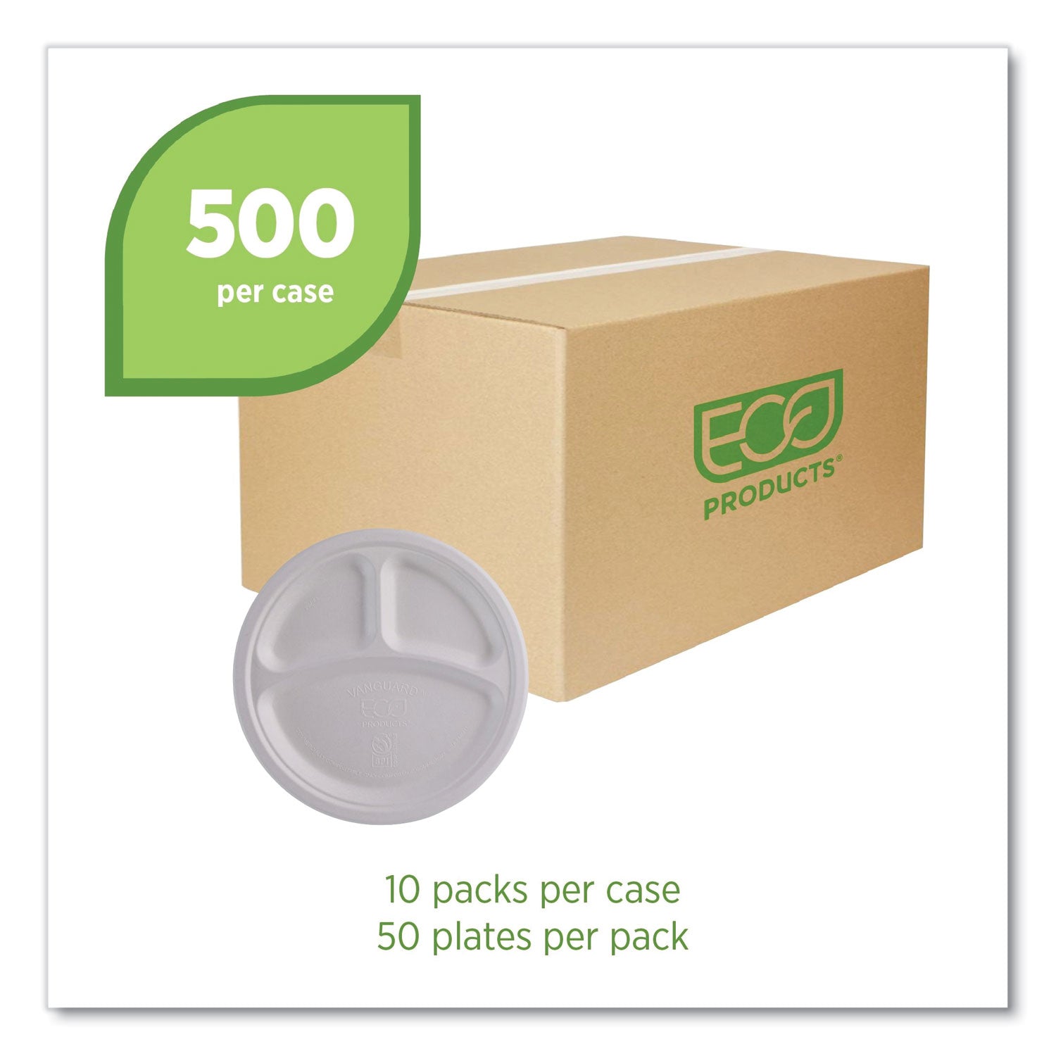 Vanguard Renewable and Compostable Sugarcane Plates, 3-Compartment Plate, 10" dia, White, 500/Carton