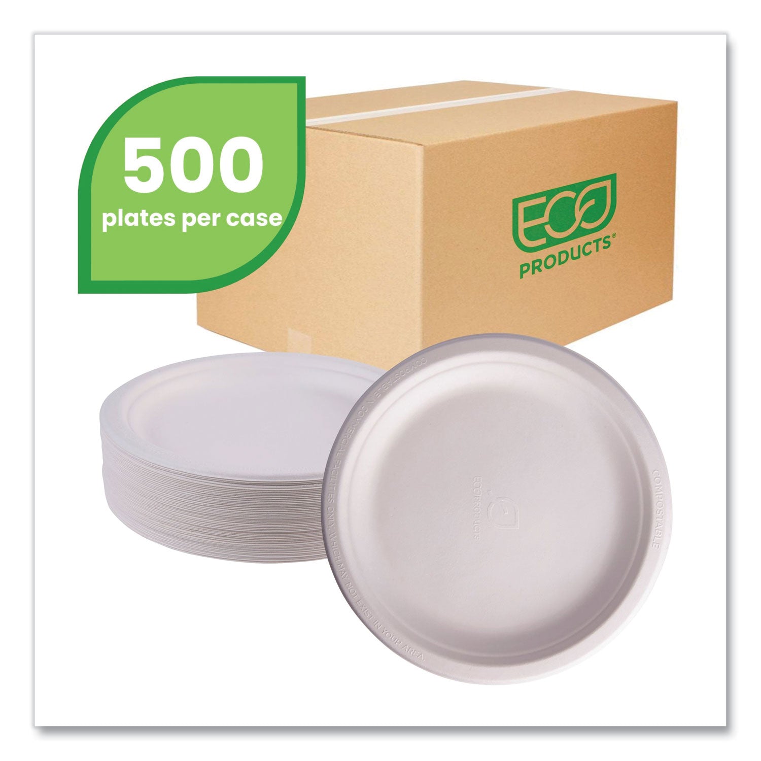 Breakroom - Disposable - Microwave Safe - 9" Diameter - White - Sugarcane Fiber Body - 500 / Carton