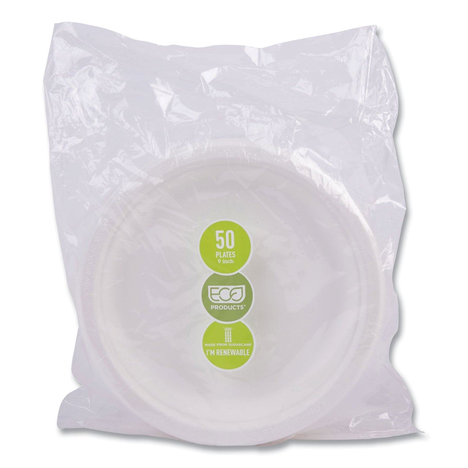 Breakroom - Disposable - Microwave Safe - 9" Diameter - White - Sugarcane Fiber Body - 500 / Carton