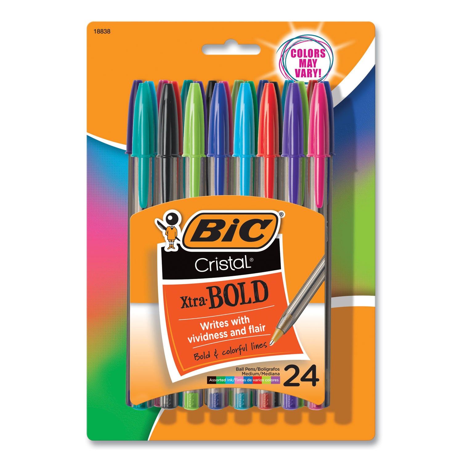 Cristal® Xtra Bold Fashion Ballpoint Pen, Medium Point (1.6mm), Assorted Colors, 24-Count