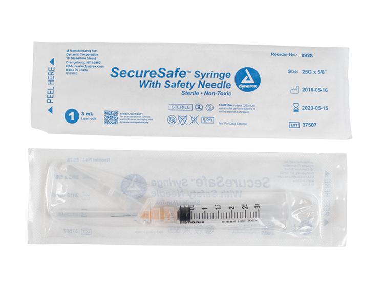 SecureSafe Syringe w/ Safety Needle - Luer Lock, 3cc - 100 pcs per Box/8 Boxes per Case