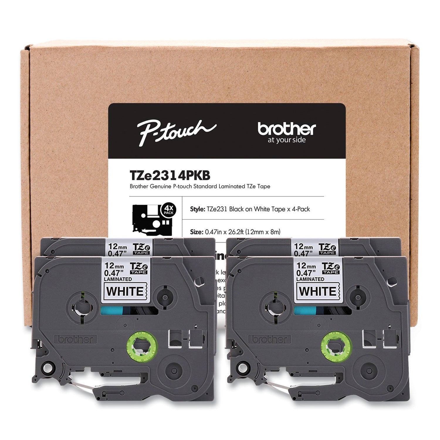 TZe Series Standard Adhesive Laminated Labeling Tape, 0.5", Black on White, 4/Pack