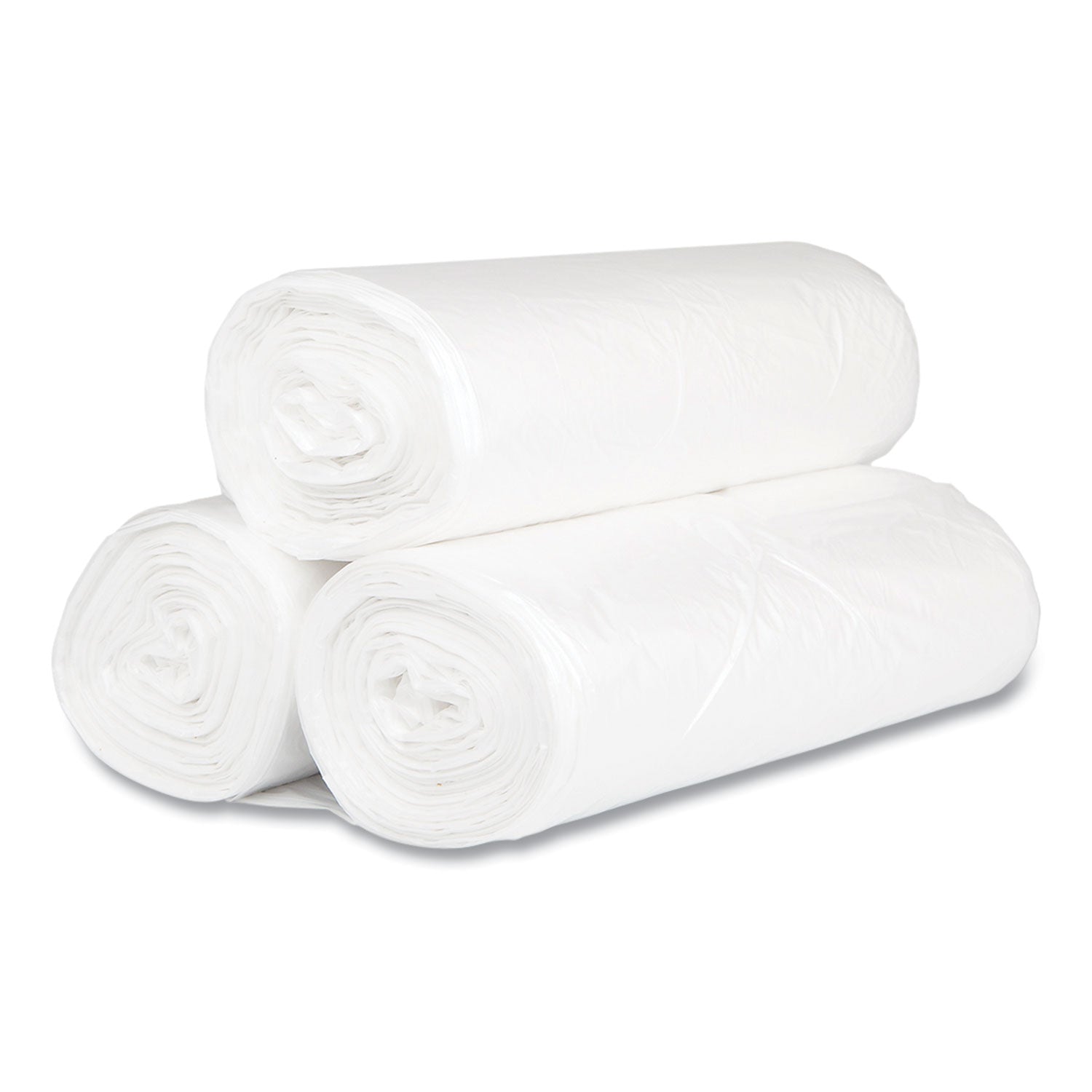 High-Density Commercial Can Liners, 60 gal, 17 mic, 38" x 60", Clear, Interleaved Roll, 25 Bags/Roll, 8 Rolls/Carton