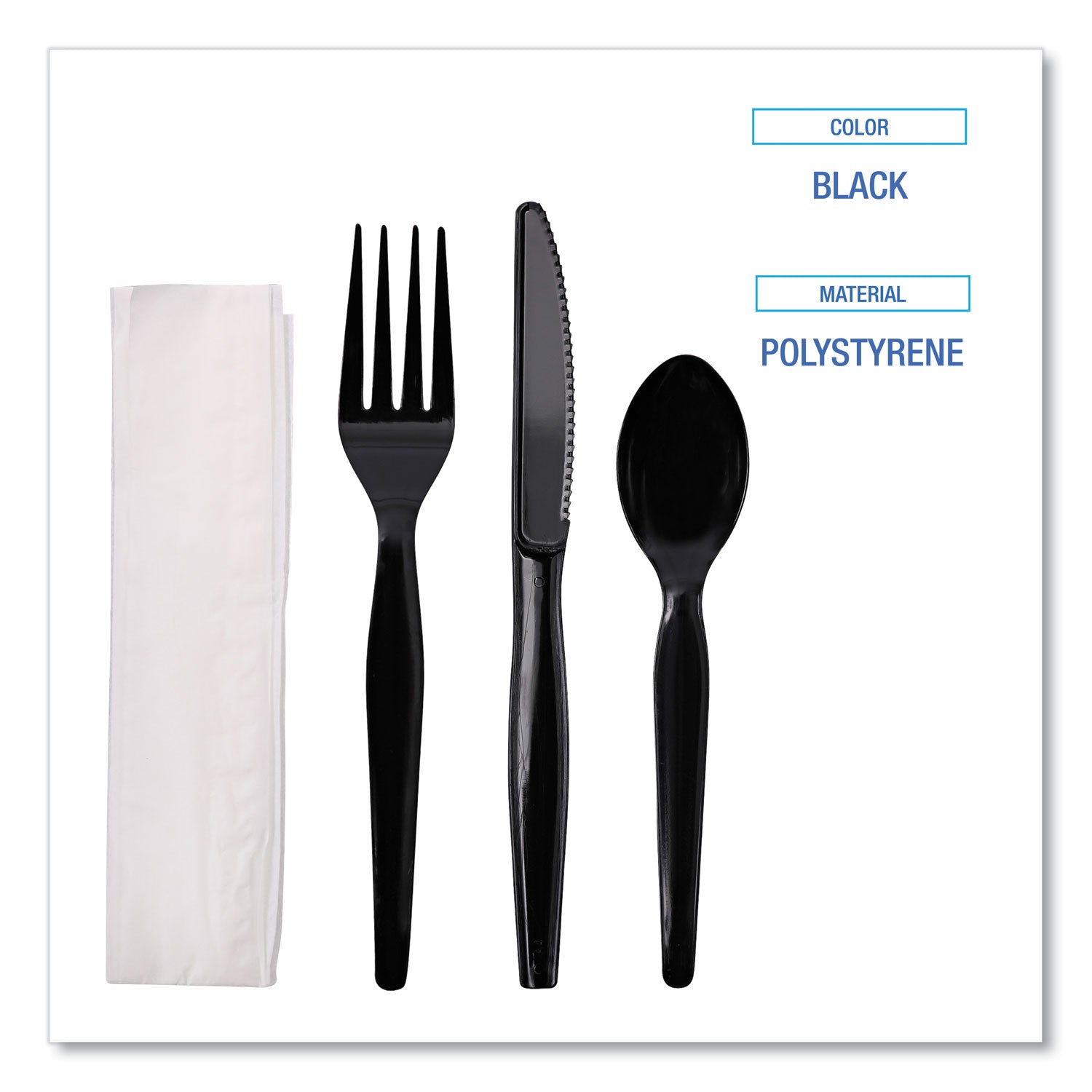 Four-Piece Cutlery Kit, Heavyweight, Fork/Knife/Napkin/Spoon, Plastic, Black, 250/Carton