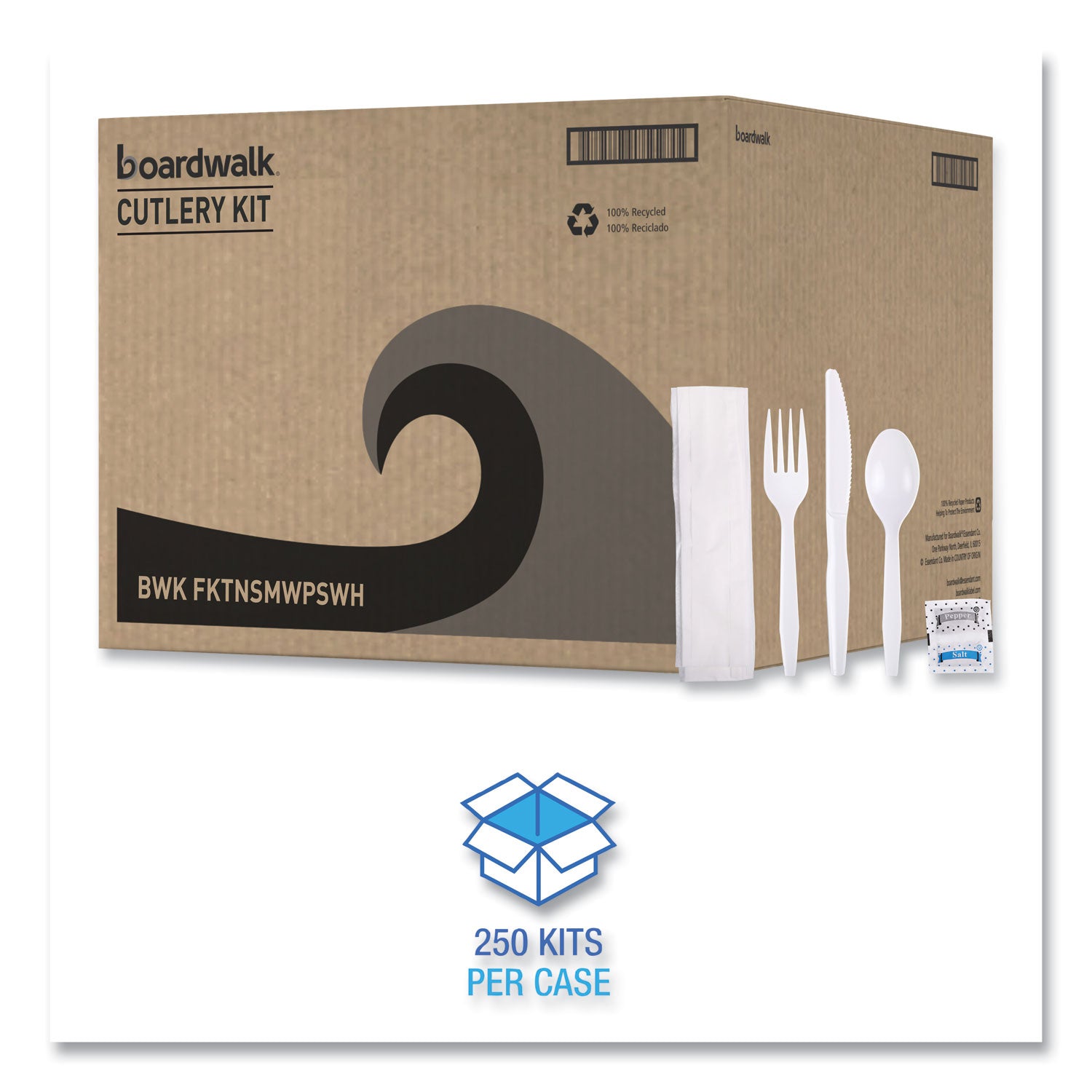 Six-Piece Cutlery Kit, Mediumweight, Fork/Knife/Napkin/Pepper/Salt/Spoon, Plastic, White, 250/Carton