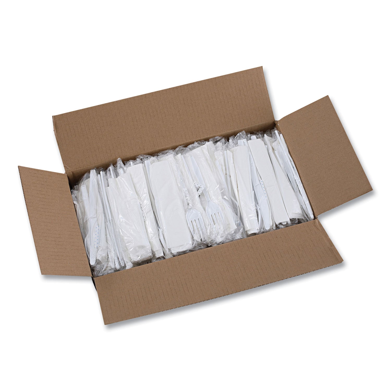 Six-Piece Cutlery Kit, Mediumweight, Fork/Knife/Napkin/Pepper/Salt/Spoon, Plastic, White, 250/Carton