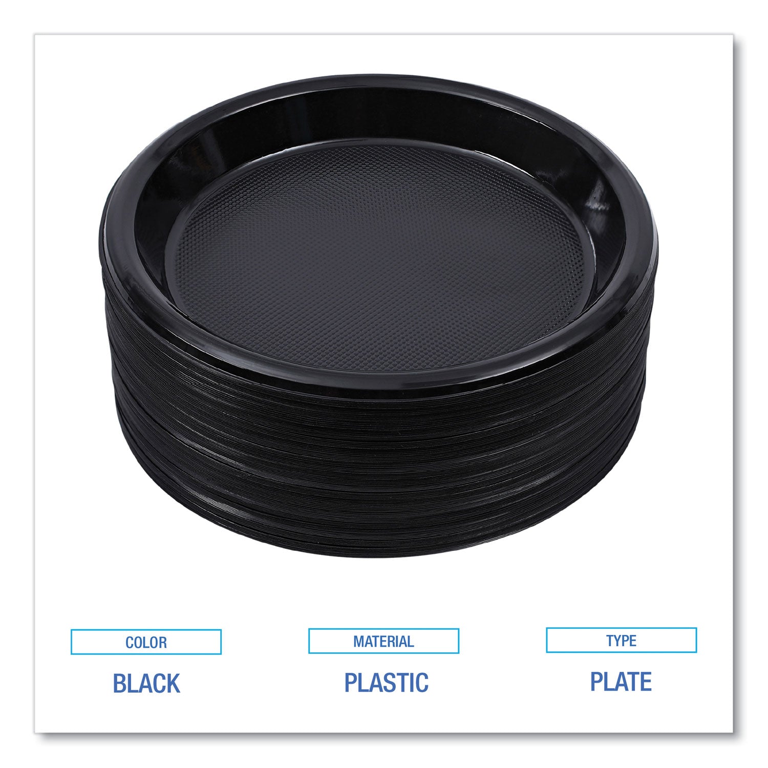 Hi-Impact Plastic Dinnerware, Plate, 10" dia, Black, 125/Sleeve, 4 Sleeves/Carton