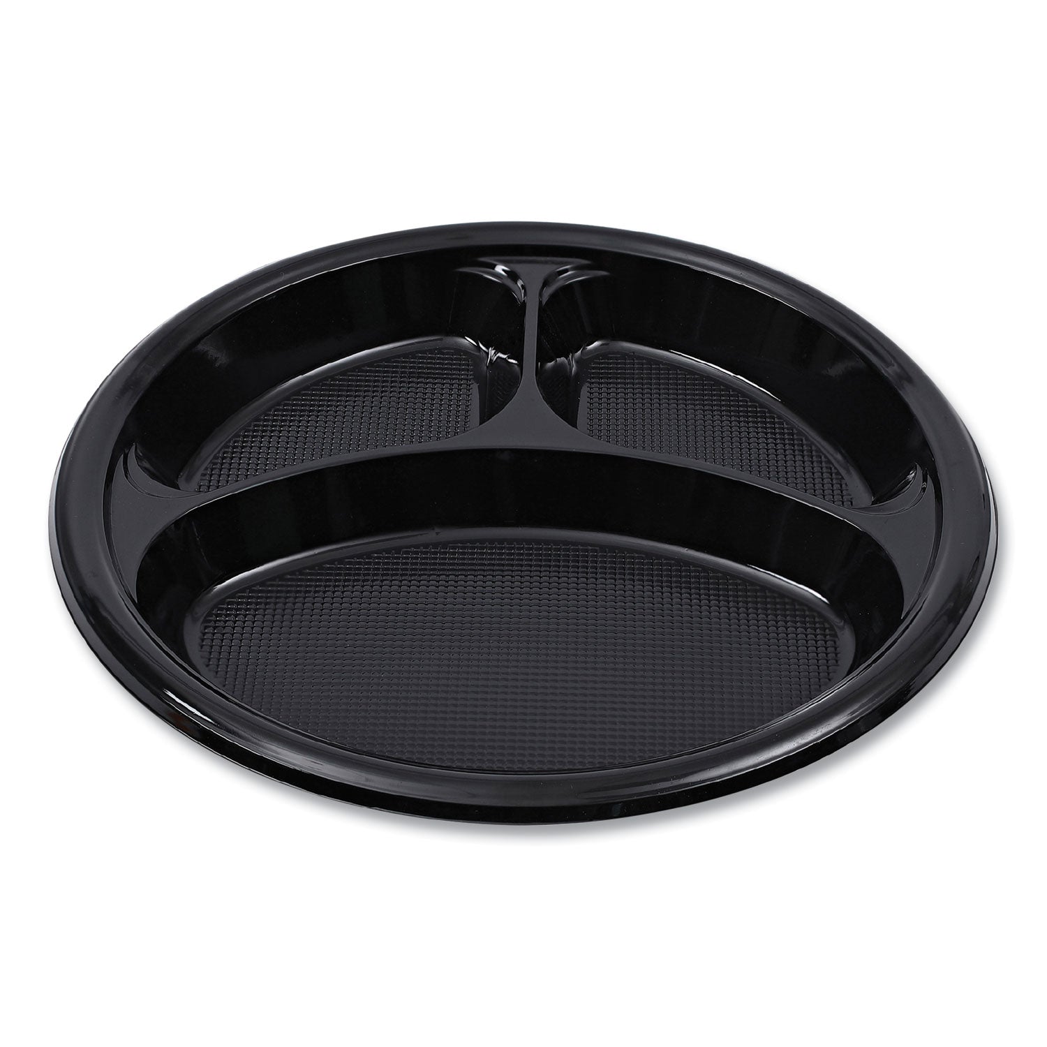Hi-Impact Plastic Dinnerware, 3-Compartment Plate, 10" dia, Black, 125/Sleeve, 4 Sleeves/Carton