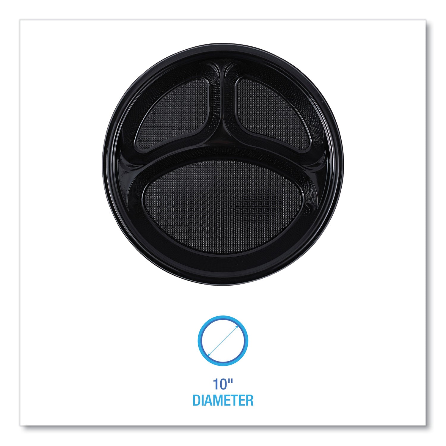 Hi-Impact Plastic Dinnerware, 3-Compartment Plate, 10" dia, Black, 125/Sleeve, 4 Sleeves/Carton