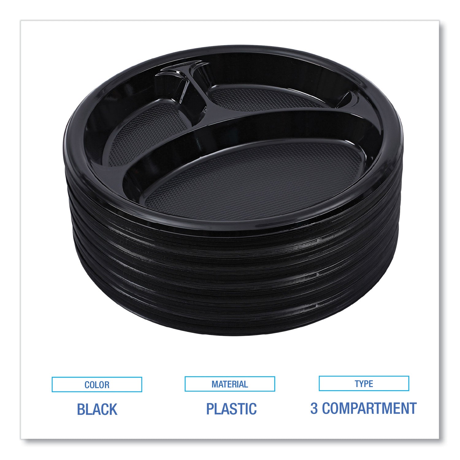 Hi-Impact Plastic Dinnerware, 3-Compartment Plate, 10" dia, Black, 125/Sleeve, 4 Sleeves/Carton