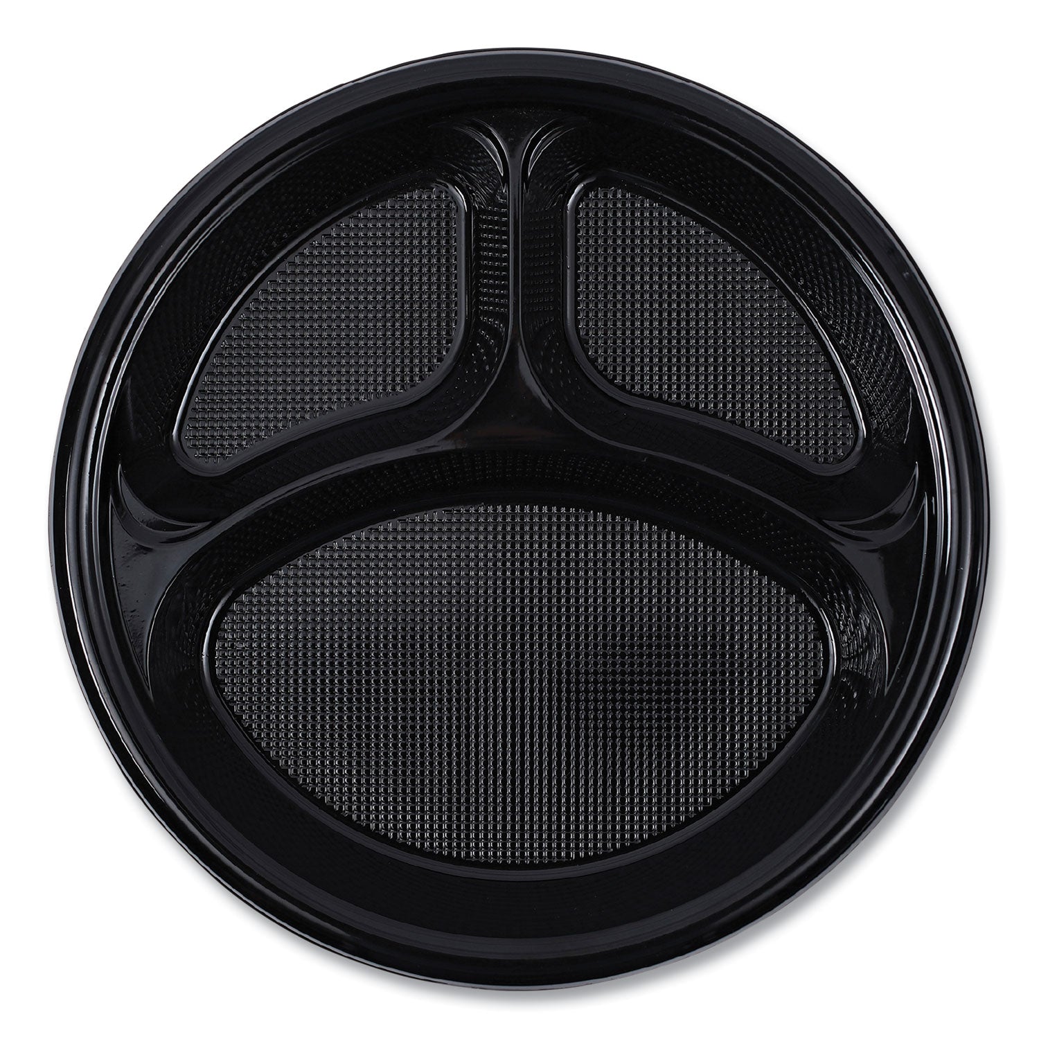 Hi-Impact Plastic Dinnerware, 3-Compartment Plate, 10" dia, Black, 125/Sleeve, 4 Sleeves/Carton