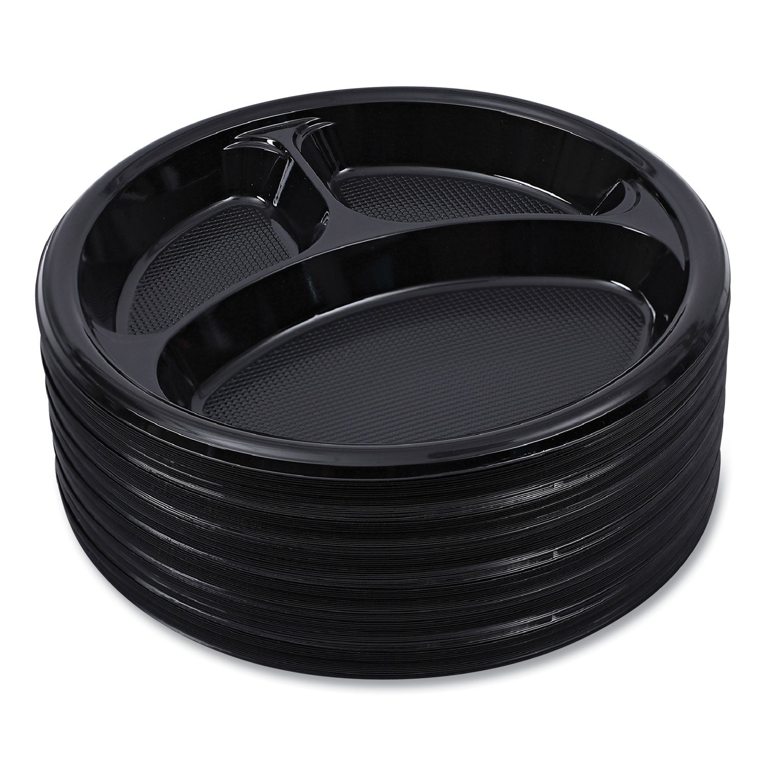 Hi-Impact Plastic Dinnerware, 3-Compartment Plate, 10" dia, Black, 125/Sleeve, 4 Sleeves/Carton