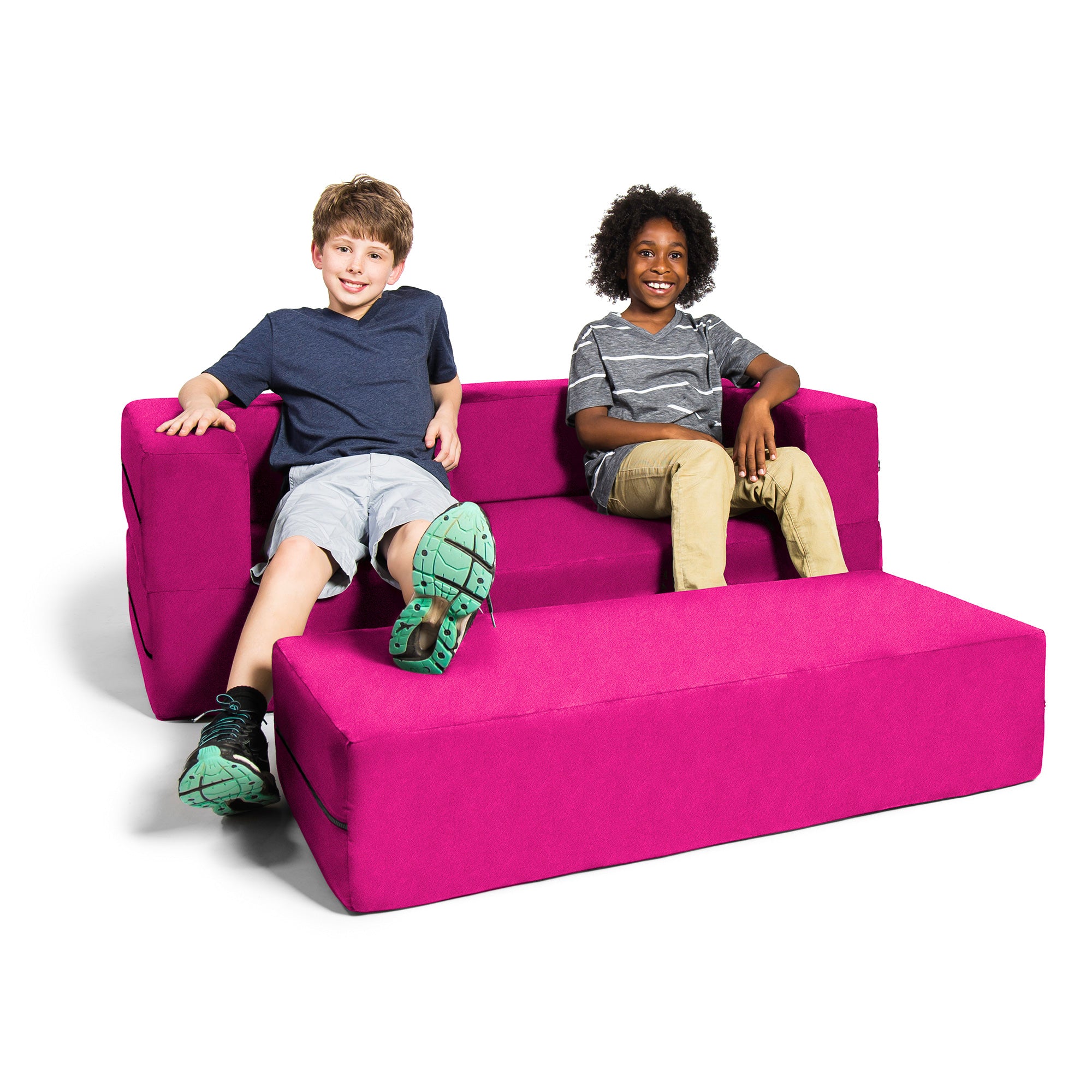Jaxx Zipline Kids Sofa & Large Ottoman, 3 in 1 Fold Out Sofa, Big Kids Edition, Fuchsia