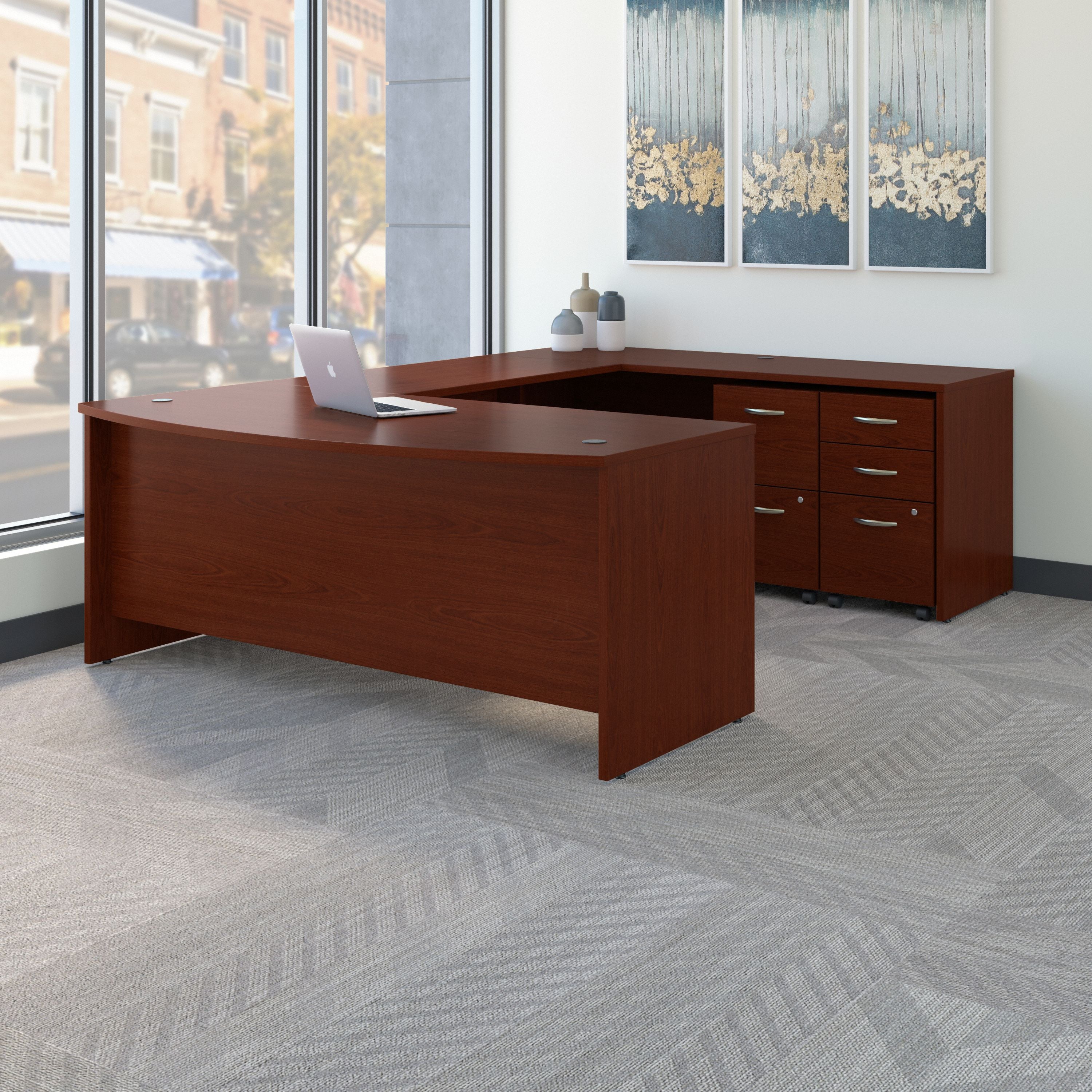 Bush Business Furniture Series C 72W x 36D Bow Front U Shaped Desk with Mobile File Cabinets in Mahogany - 71.1" Width x 107.09" Depth x 29.76" Height